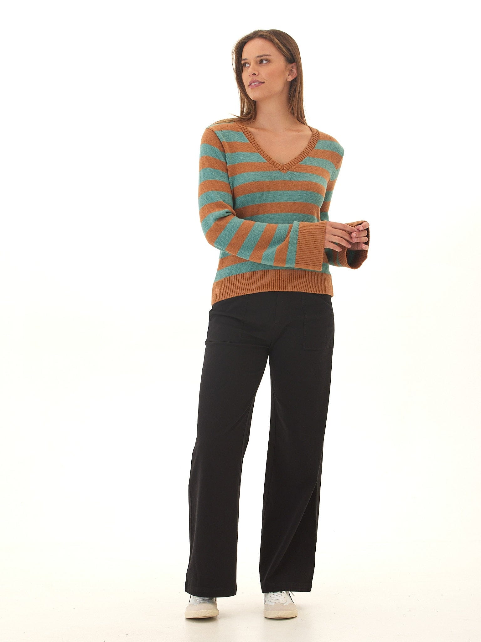 Kiley Summit Stripe V-Neck Cotton Blend Bell Sleeve Sweater