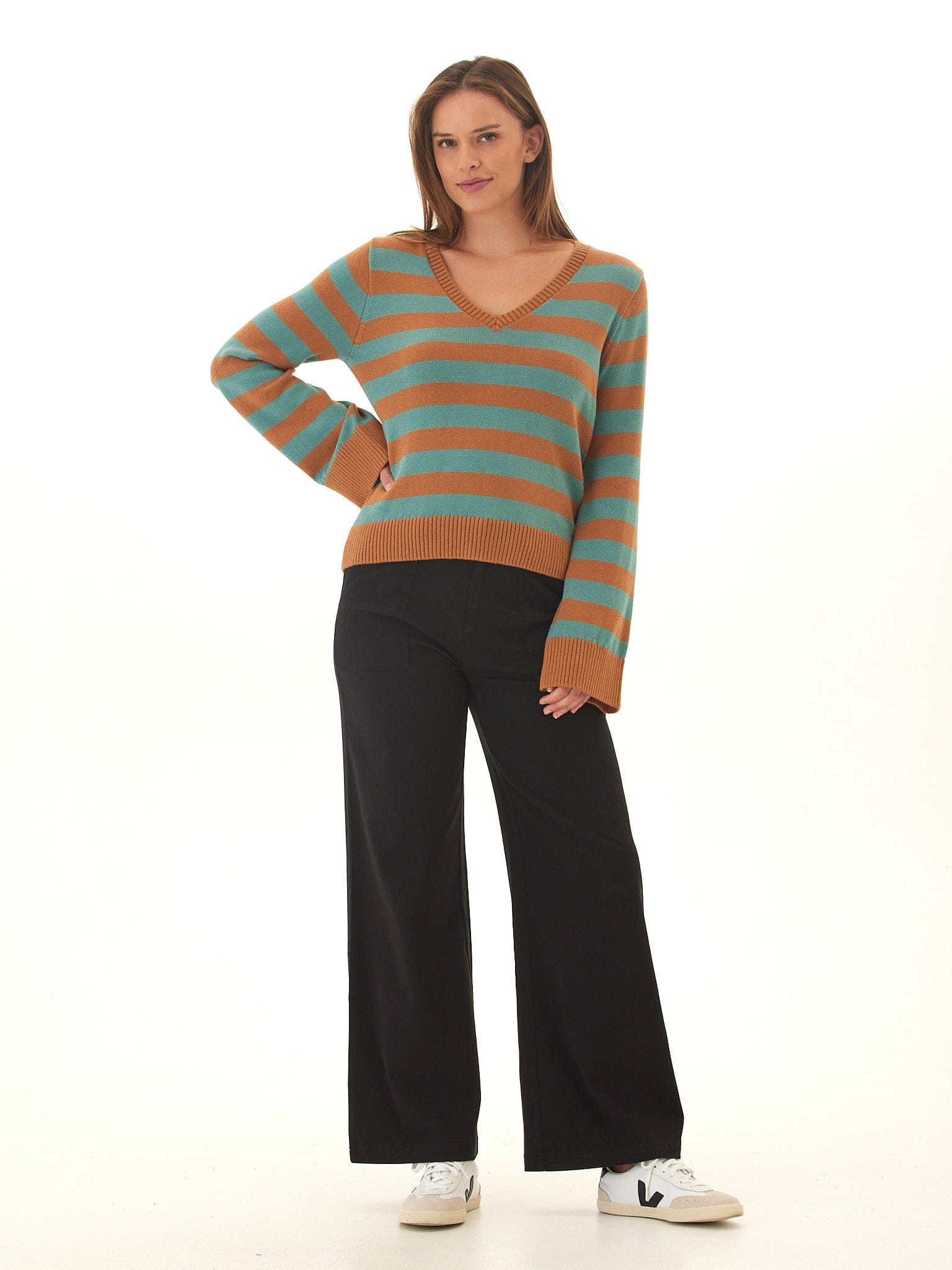 Kiley Summit Stripe V-Neck Cotton Blend Bell Sleeve Sweater