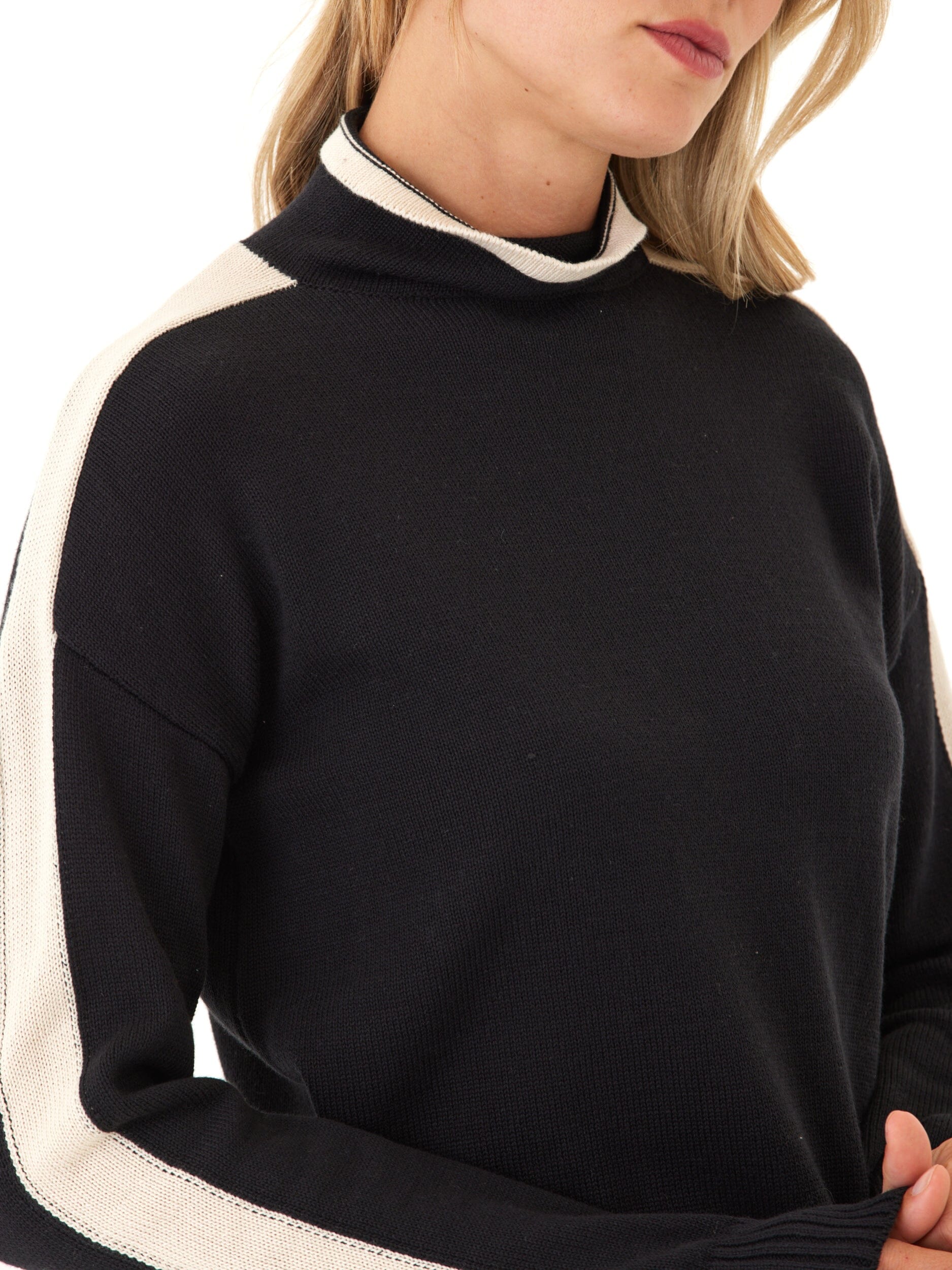 Akiko Cotton Blend Mock Neck Sweater with Sporty Sleeve Stripe
