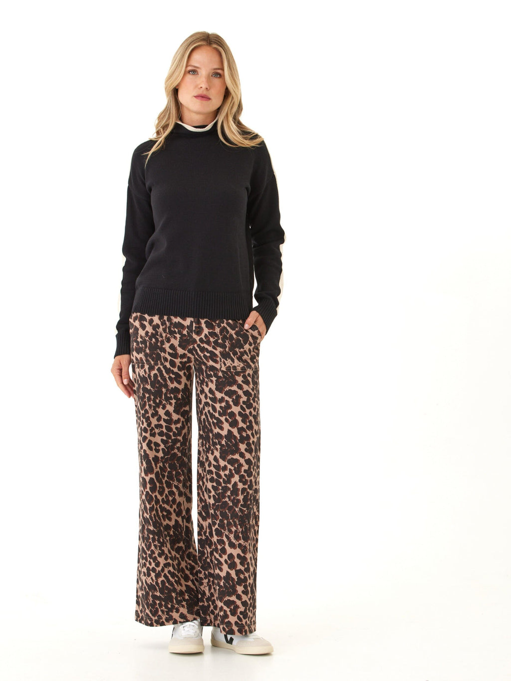 Akiko Cotton Blend Mock Neck Sweater with Sporty Sleeve Stripe