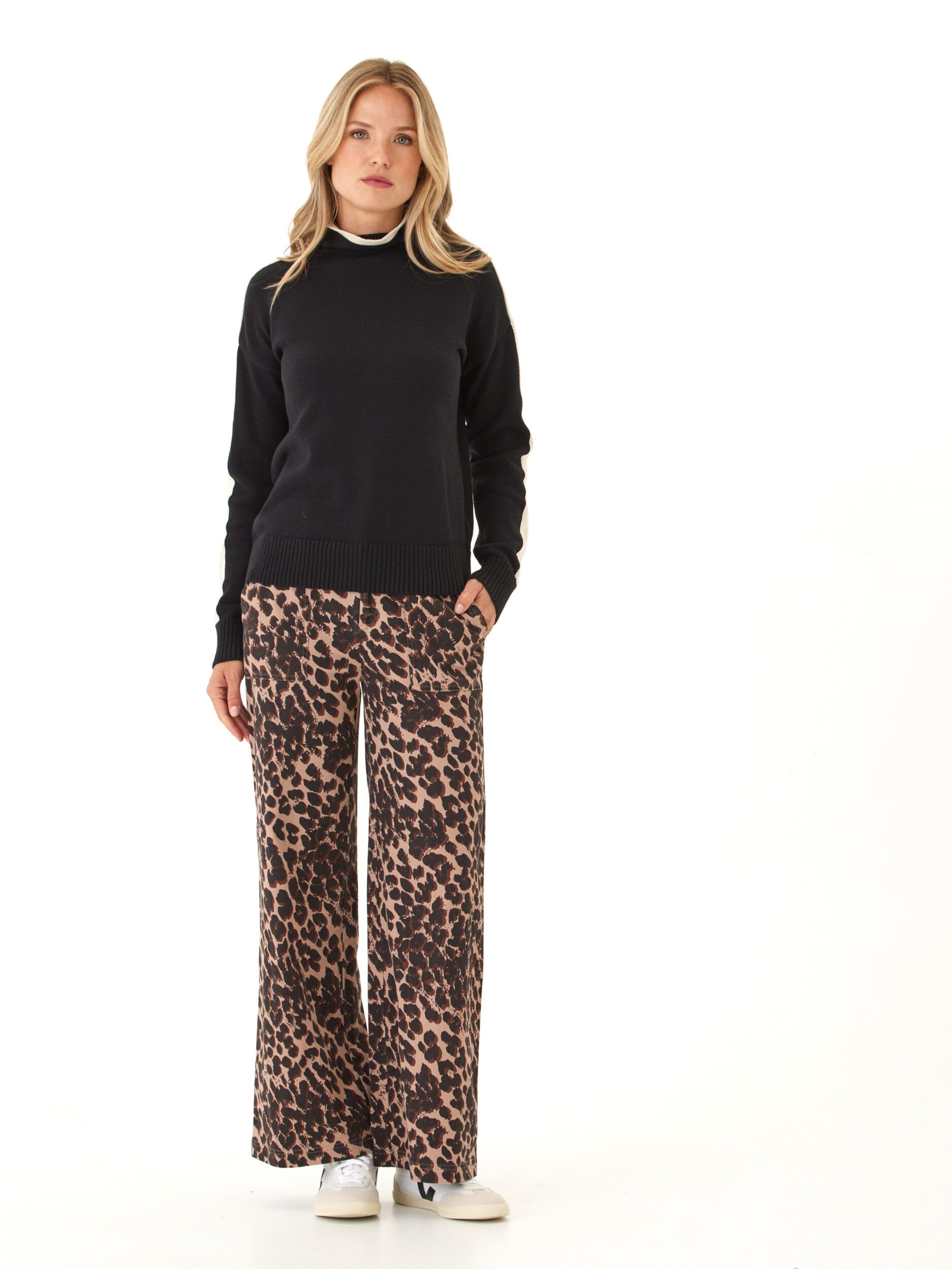 Akiko Cotton Blend Mock Neck Sweater with Sporty Sleeve Stripe