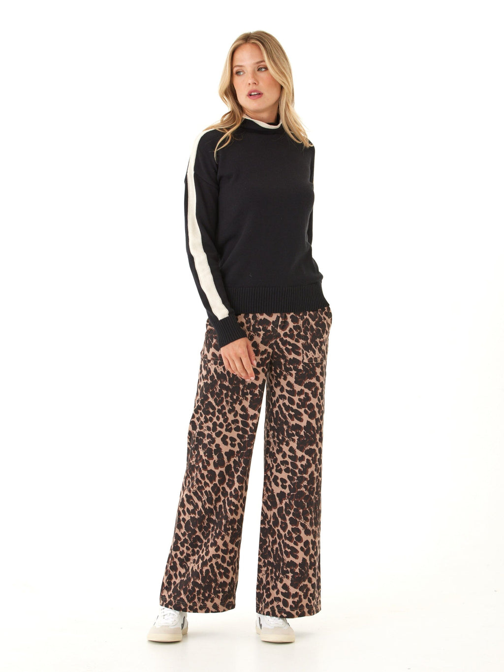 Akiko Cotton Blend Mock Neck Sweater with Sporty Sleeve Stripe