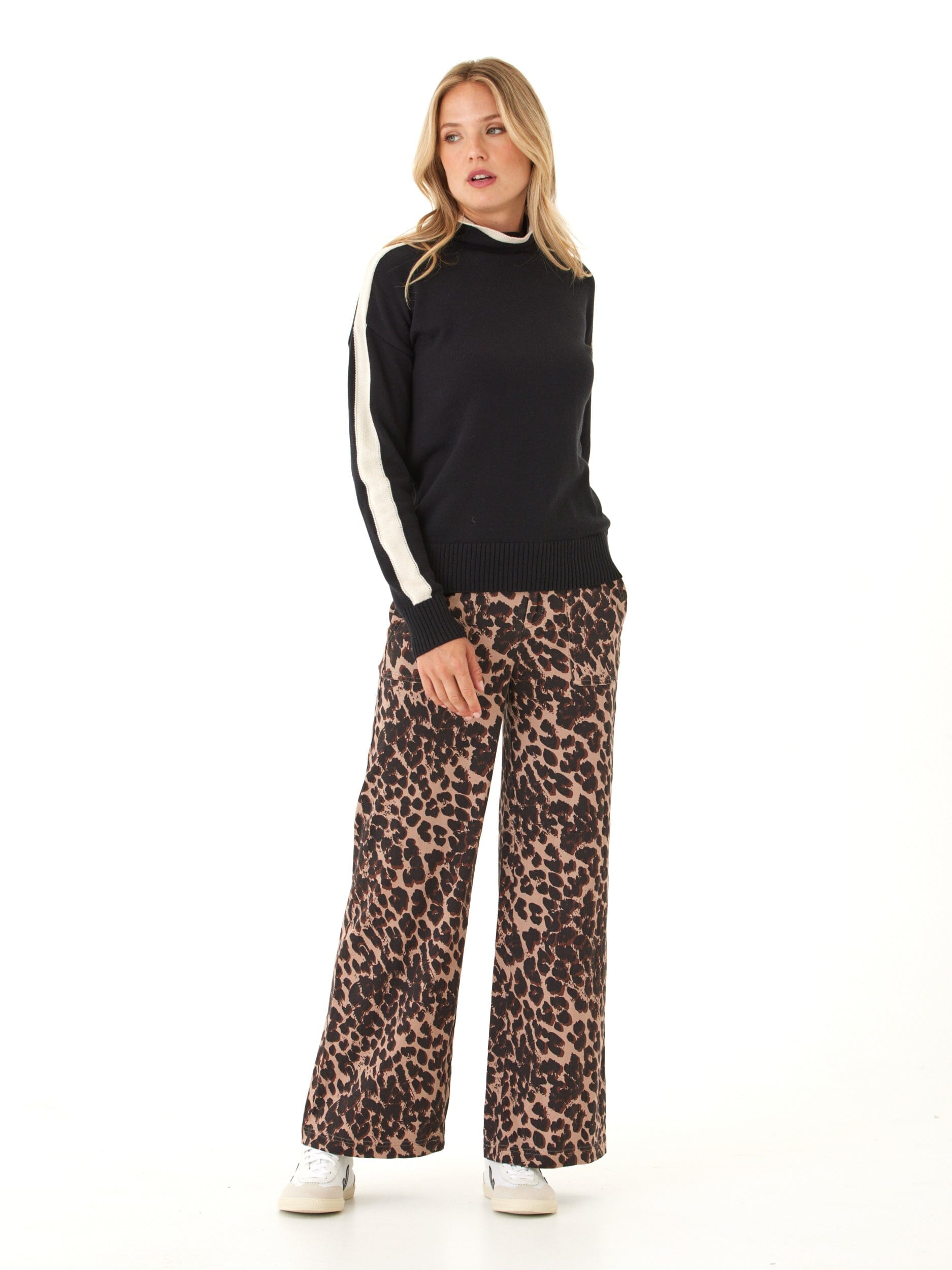 Akiko Cotton Blend Mock Neck Sweater with Sporty Sleeve Stripe