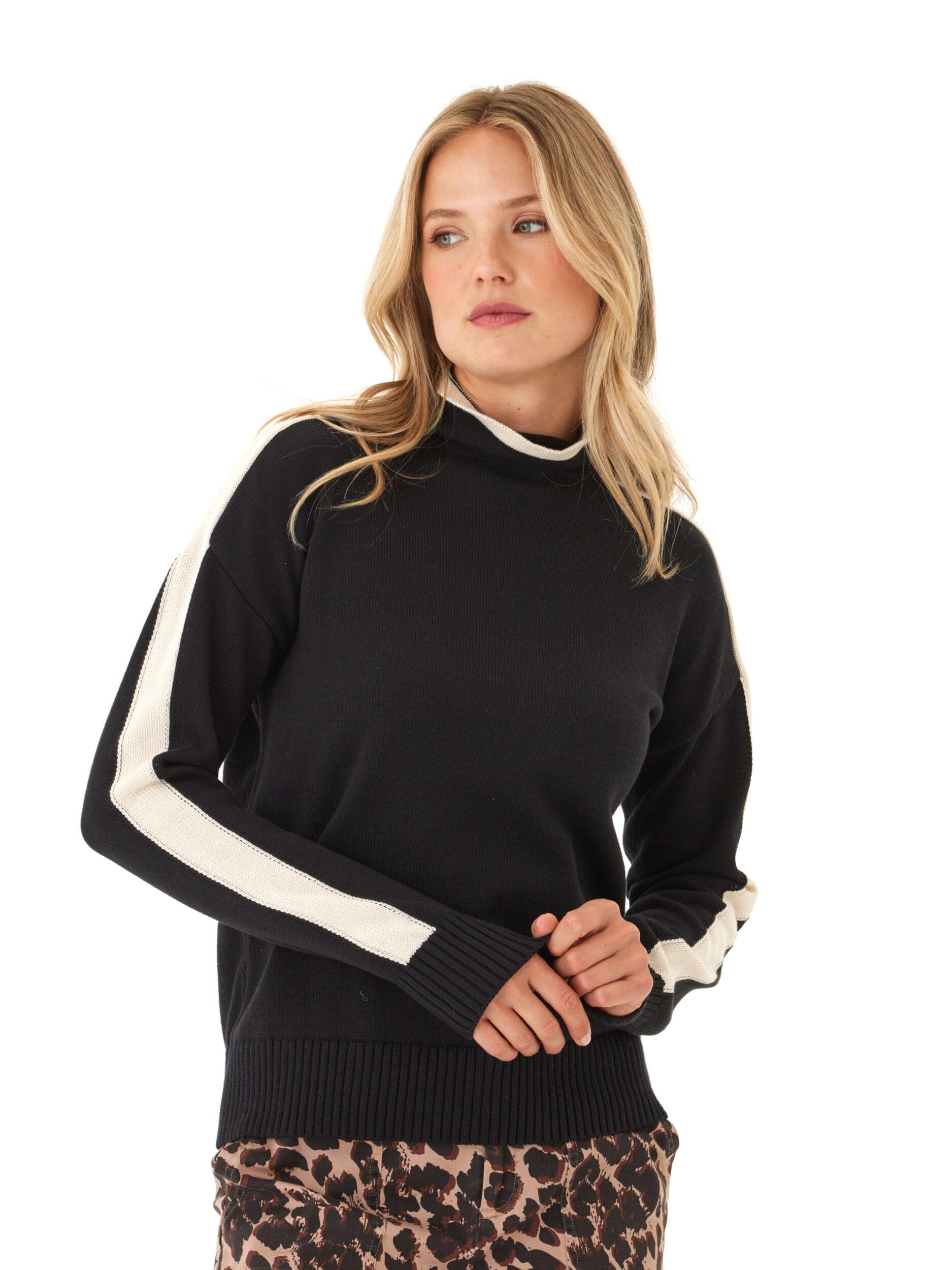 Akiko Cotton Blend Mock Neck Sweater with Sporty Sleeve Stripe