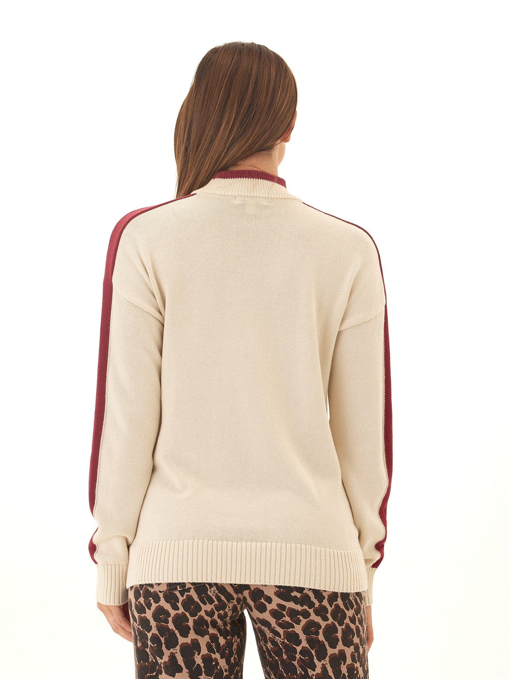 Akiko Mock Neck Cotton Blend Turtleneck Sweater with Side Stripes