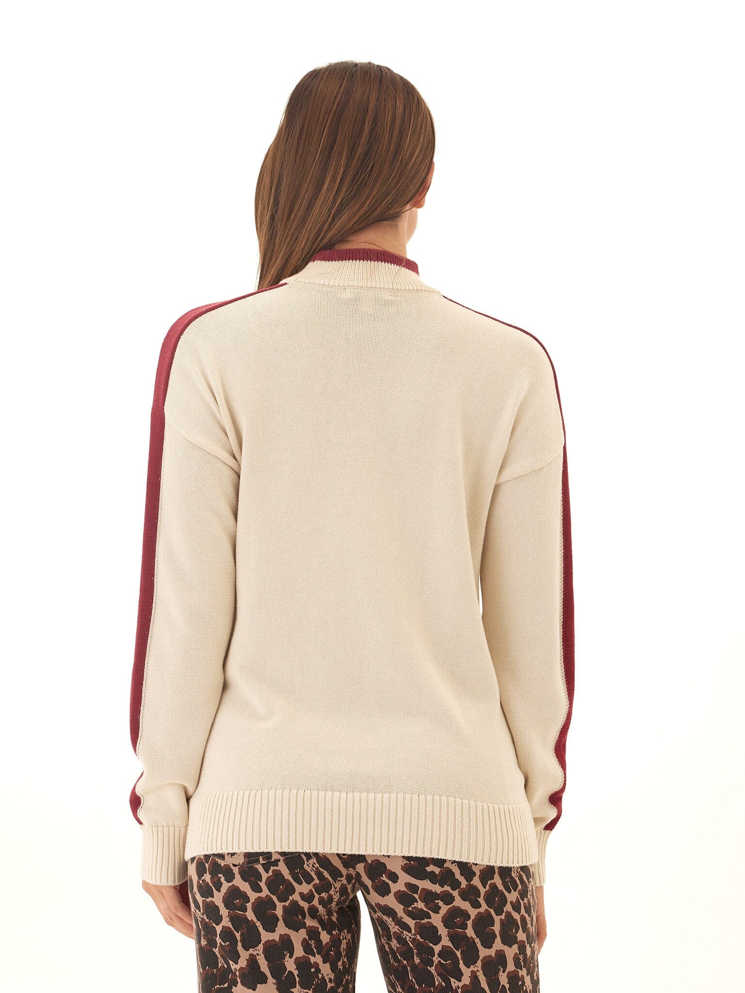 Akiko Mock Neck Cotton Blend Turtleneck Sweater with Side Stripes