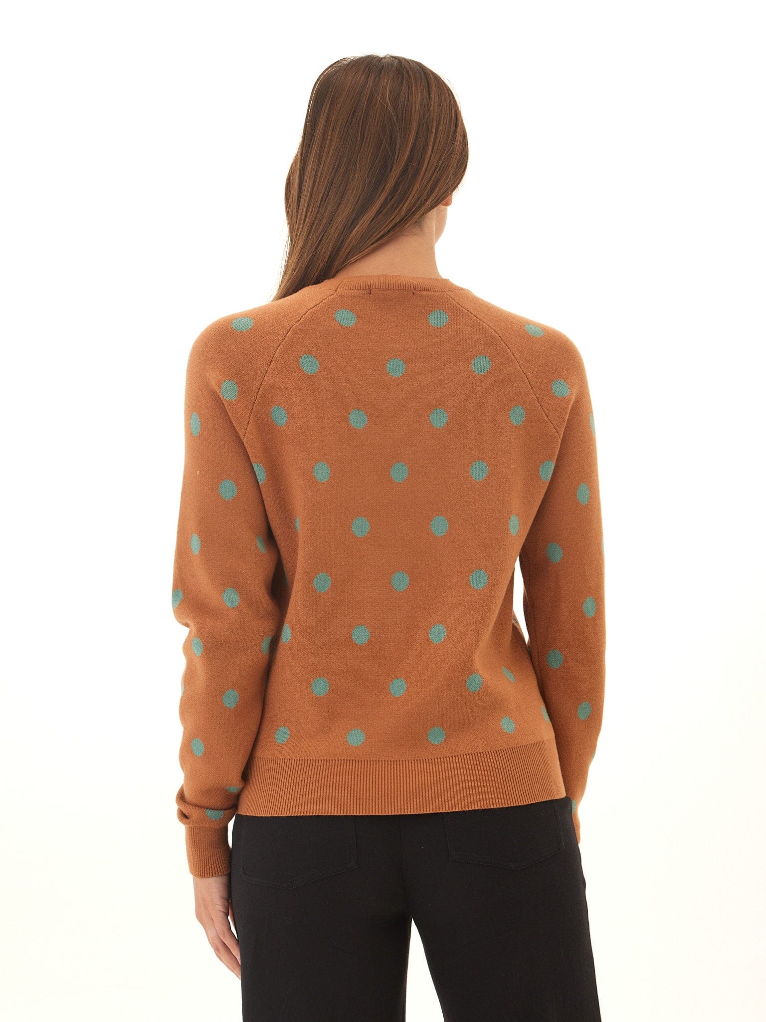 Deandra Polka Dot Crewneck Knit Sweater in Rust-Orange and Teal