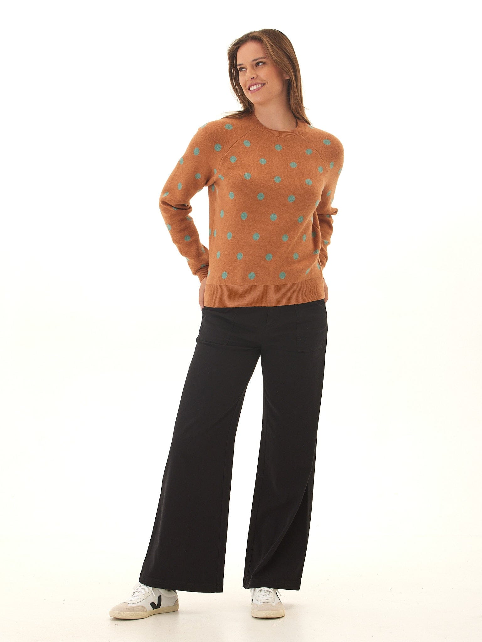Deandra Polka Dot Crewneck Knit Sweater in Rust-Orange and Teal