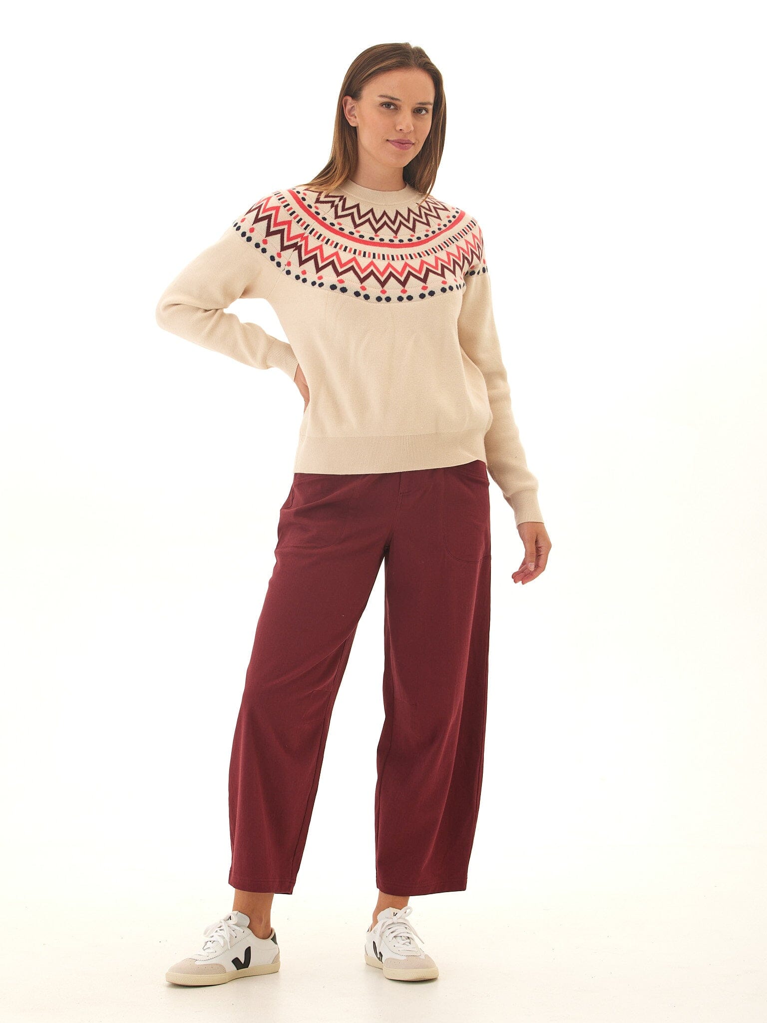 Fair Isle Cozy Knit Sweater in Beige, Maroon and Red