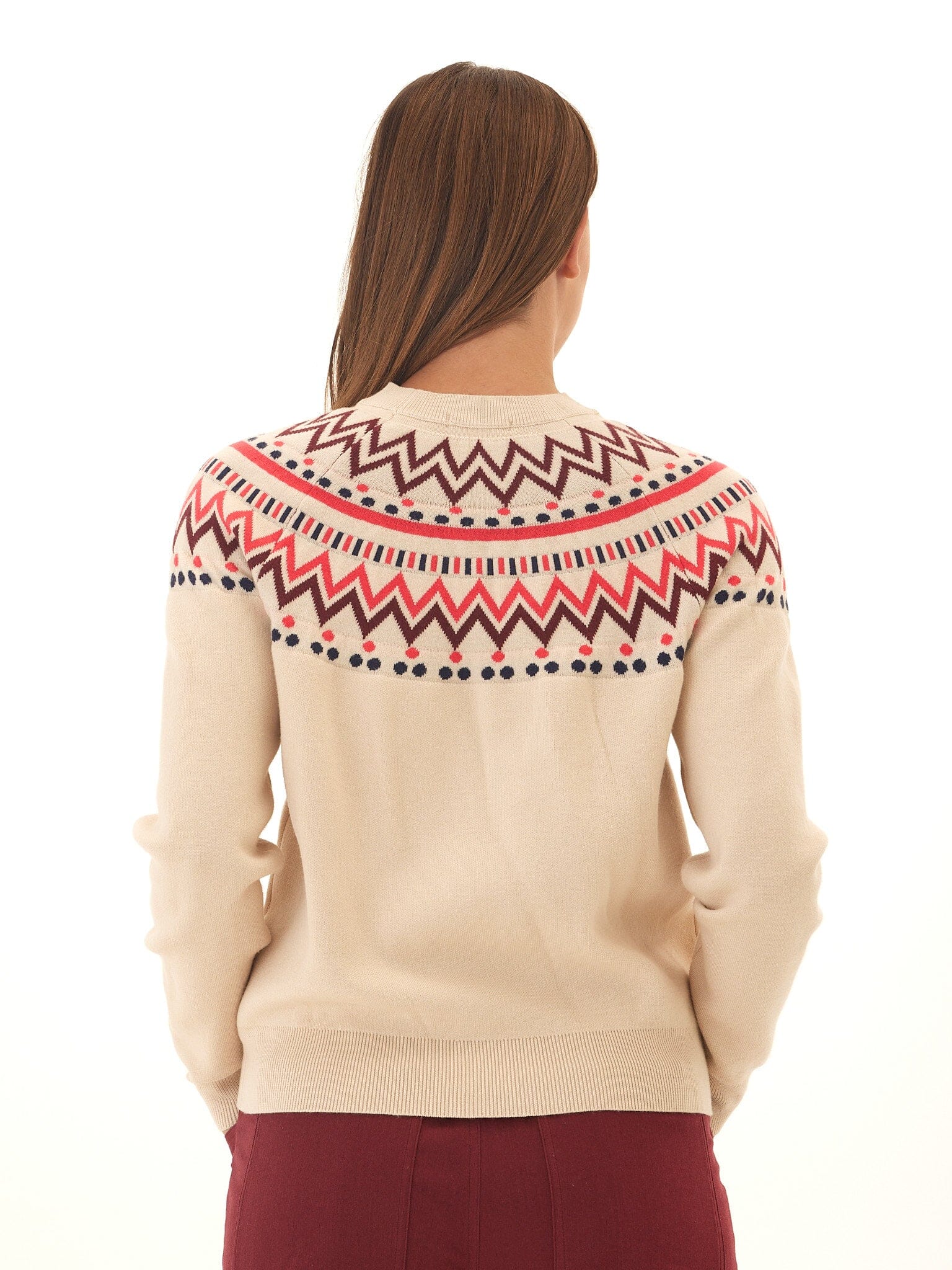 Fair Isle Cozy Knit Sweater in Beige, Maroon and Red