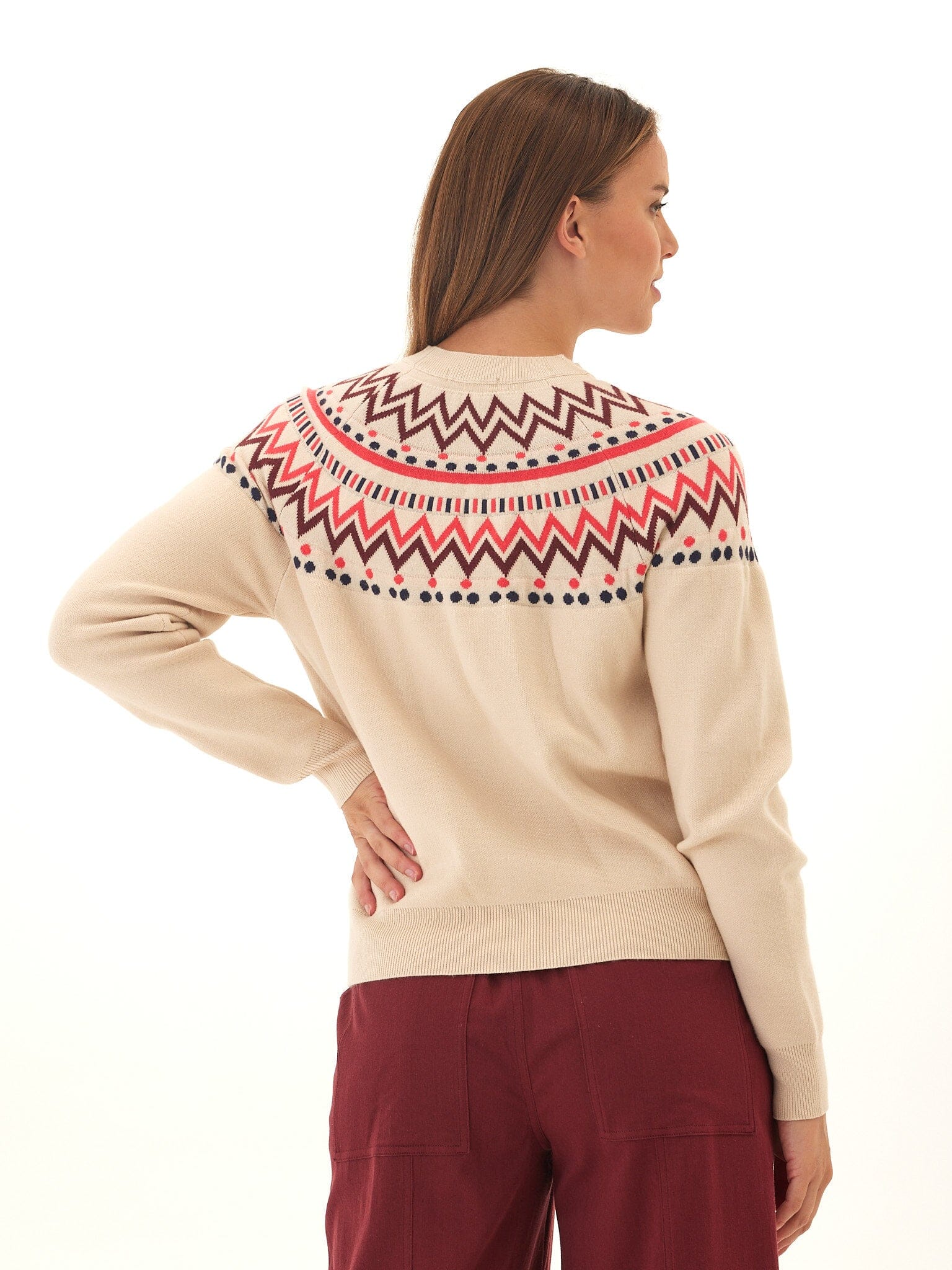 Fair Isle Cozy Knit Sweater in Beige, Maroon and Red