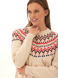 Classic knit sweater with a geometric Fair Isle pattern in maroon, red, and beige colorways.