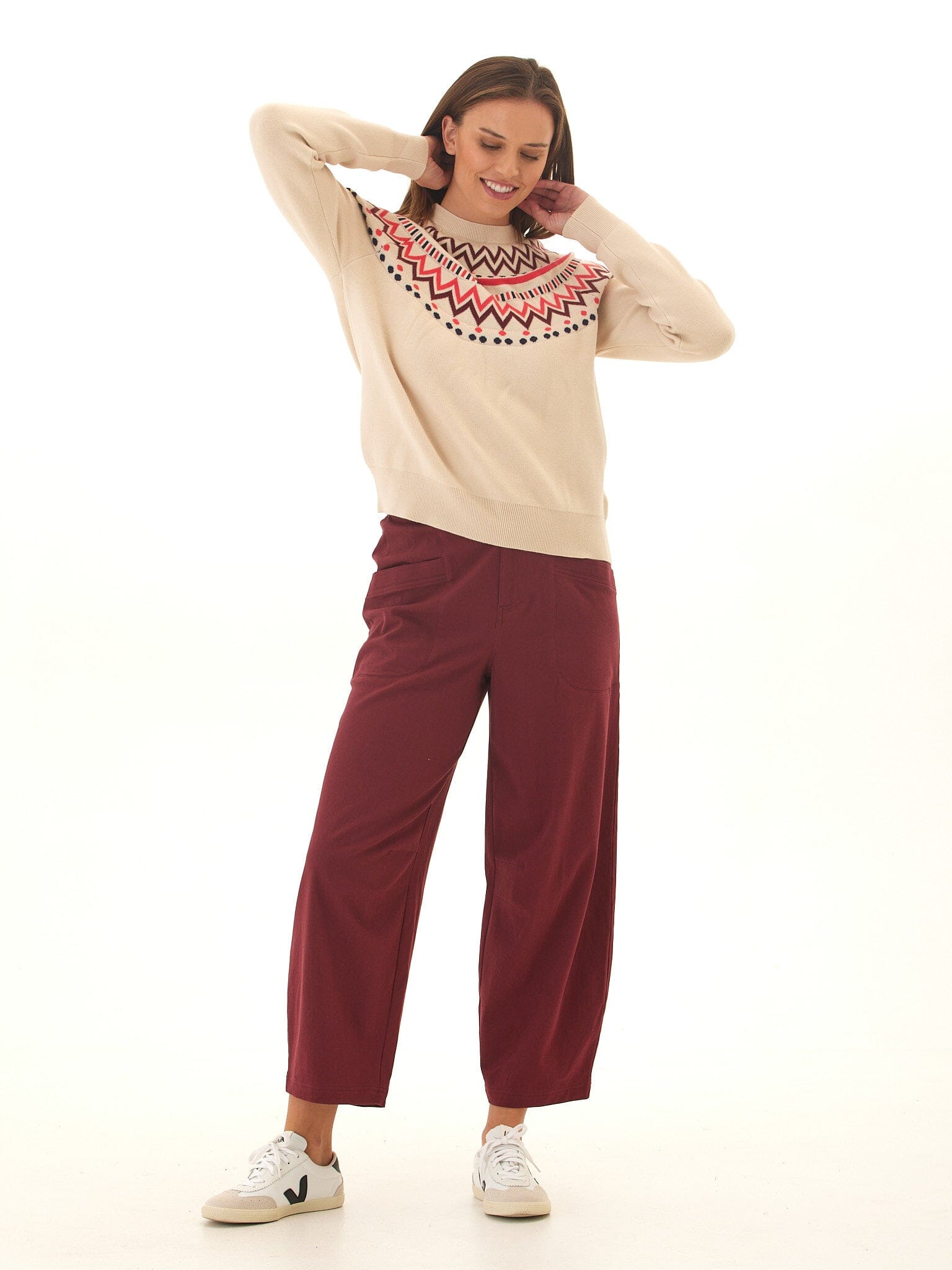 Fair Isle Cozy Knit Sweater in Beige, Maroon and Red