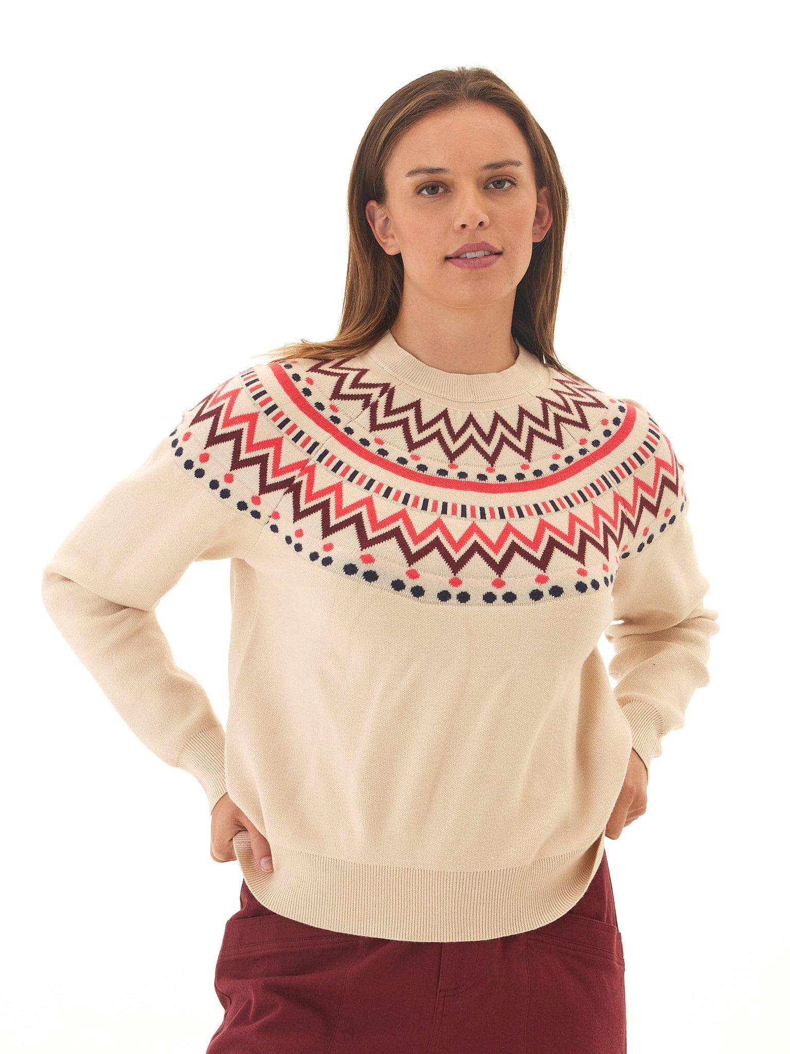 Fair Isle Cozy Knit Sweater in Beige, Maroon and Red