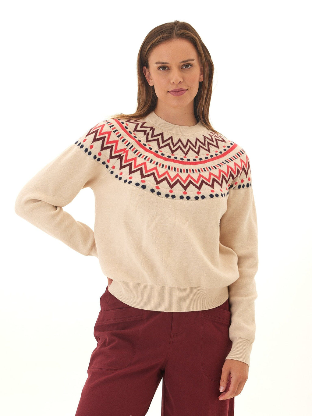 Fair Isle Cozy Knit Sweater in Beige, Maroon and Red