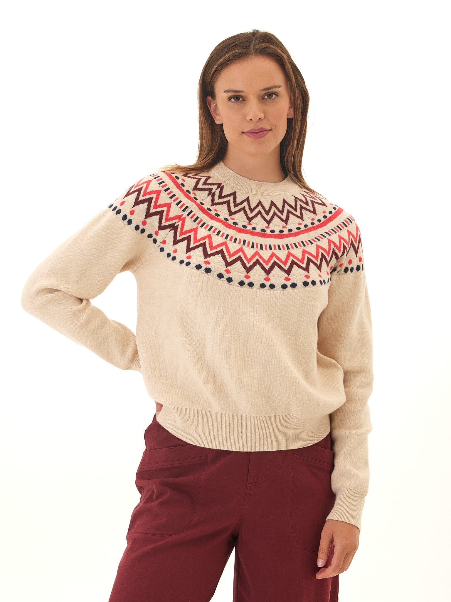 Fair Isle Cozy Knit Sweater in Beige, Maroon and Red