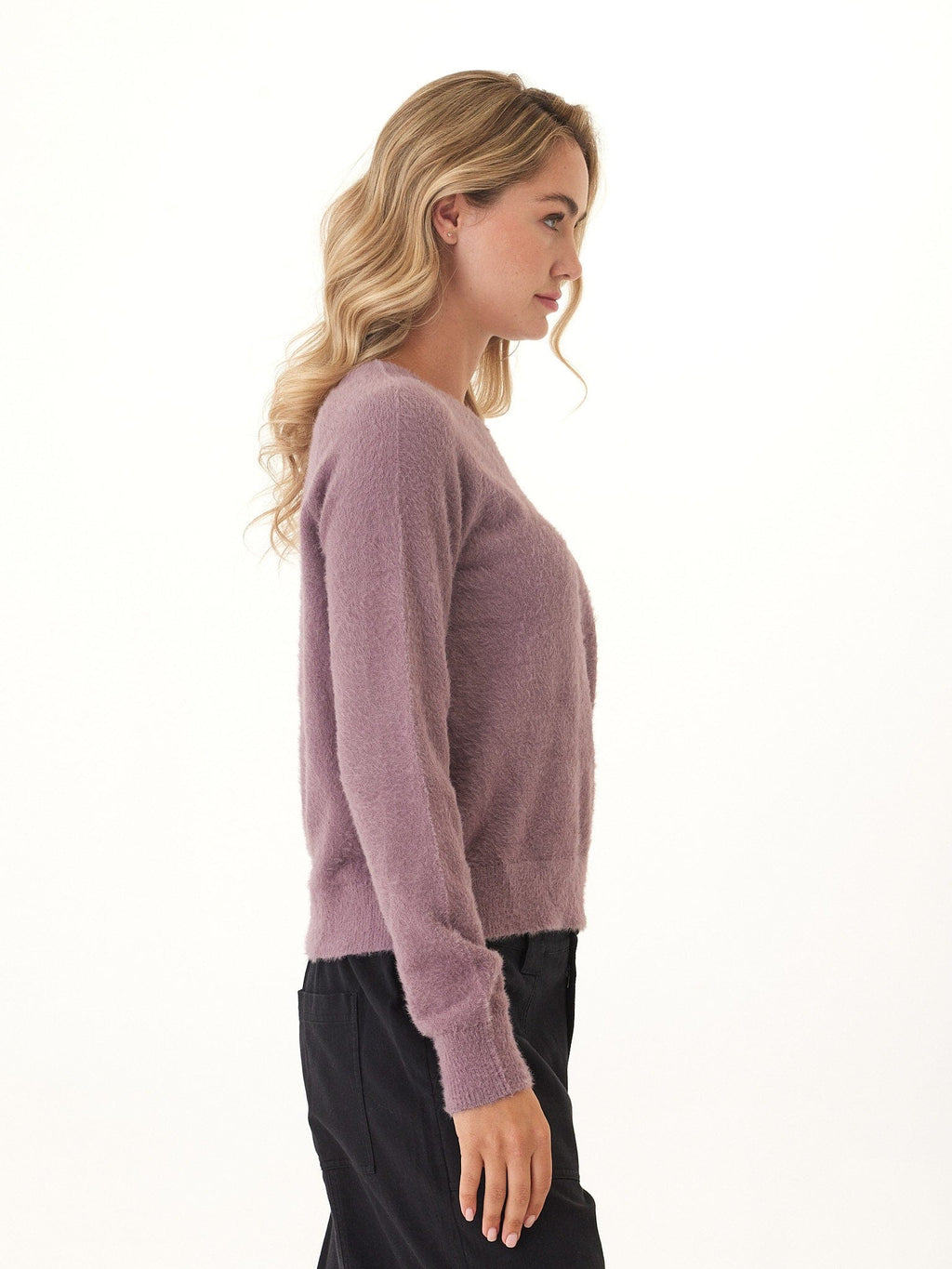 Fuzzy Knit Raglan Pullover in Dusty-Purple and Mauve