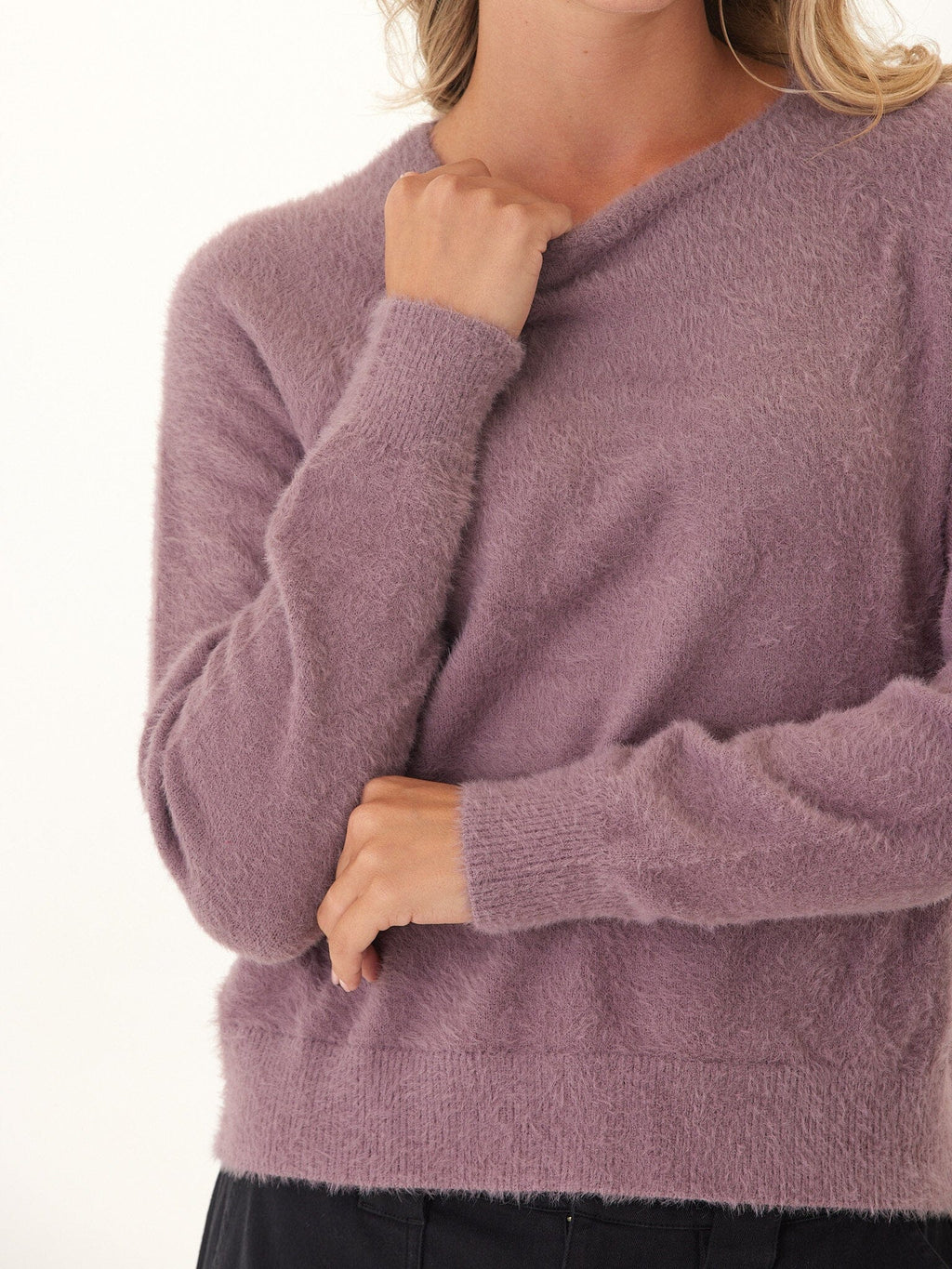 Fuzzy Knit Raglan Pullover in Dusty-Purple and Mauve
