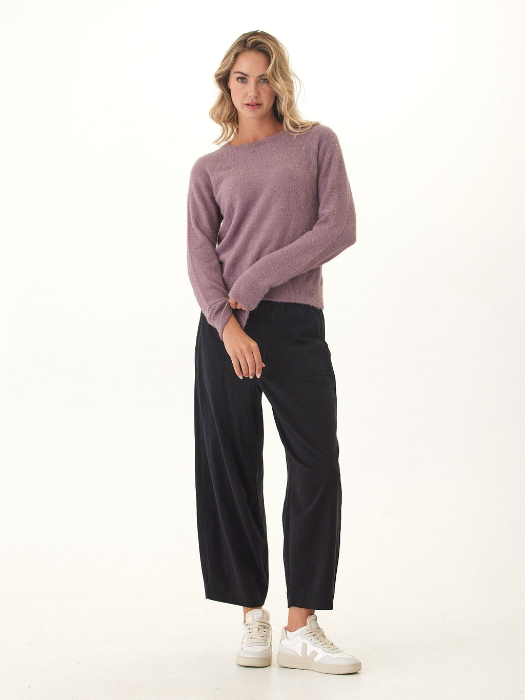 Fuzzy Knit Raglan Pullover in Dusty-Purple and Mauve