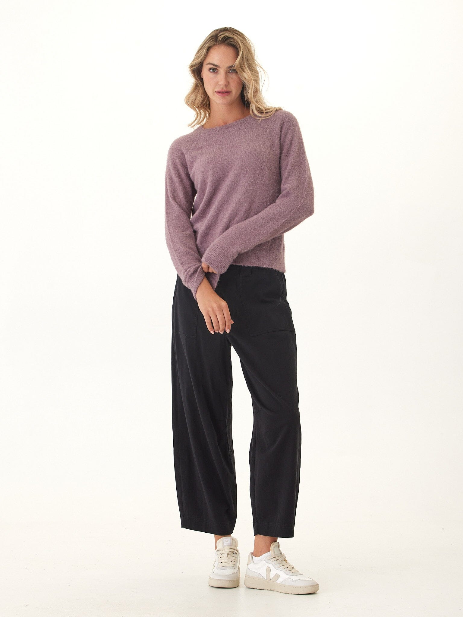 Fuzzy Knit Raglan Pullover in Dusty-Purple and Mauve