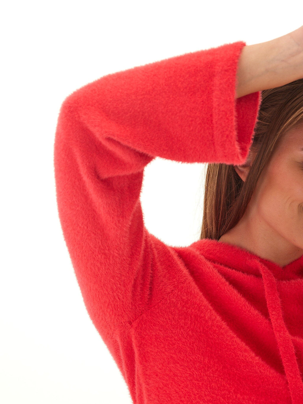 Fuzzy Knit Cropped Hoodie with Flared Sleeves - Relaxed Fit