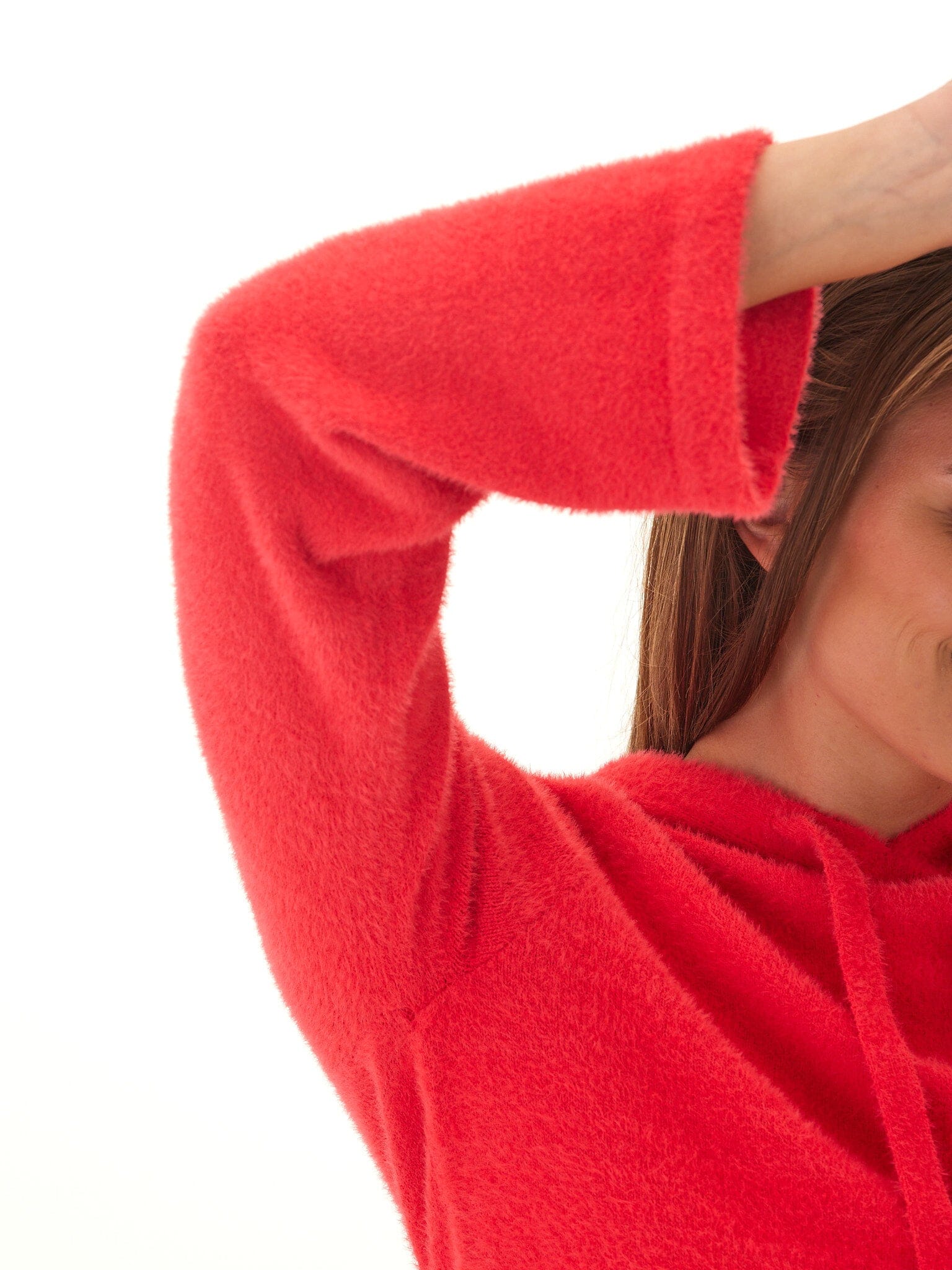 Fuzzy Knit Cropped Hoodie with Flared Sleeves - Relaxed Fit