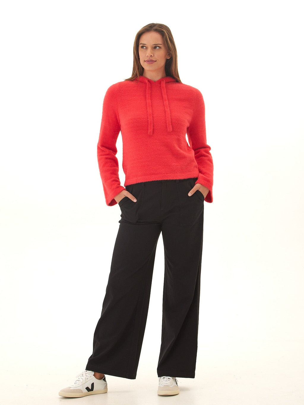 Fuzzy Knit Cropped Hoodie with Flared Sleeves - Relaxed Fit
