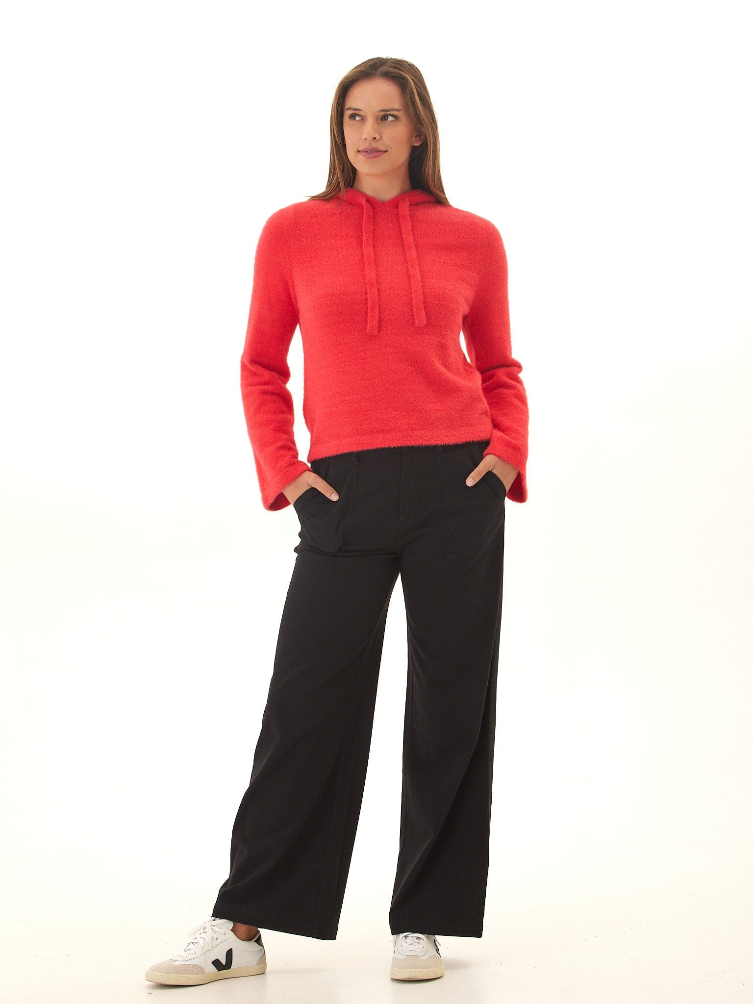 Fuzzy Knit Cropped Hoodie with Flared Sleeves - Relaxed Fit