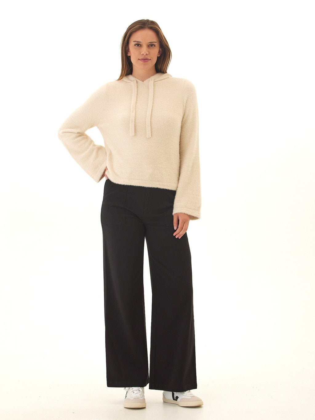 Fuzzy Knit Cropped Hoodie with Flared Sleeves