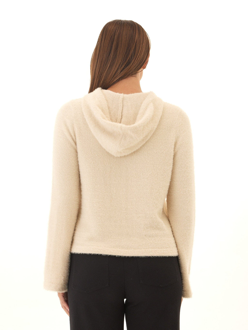 Fuzzy Knit Cropped Hoodie with Flared Sleeves