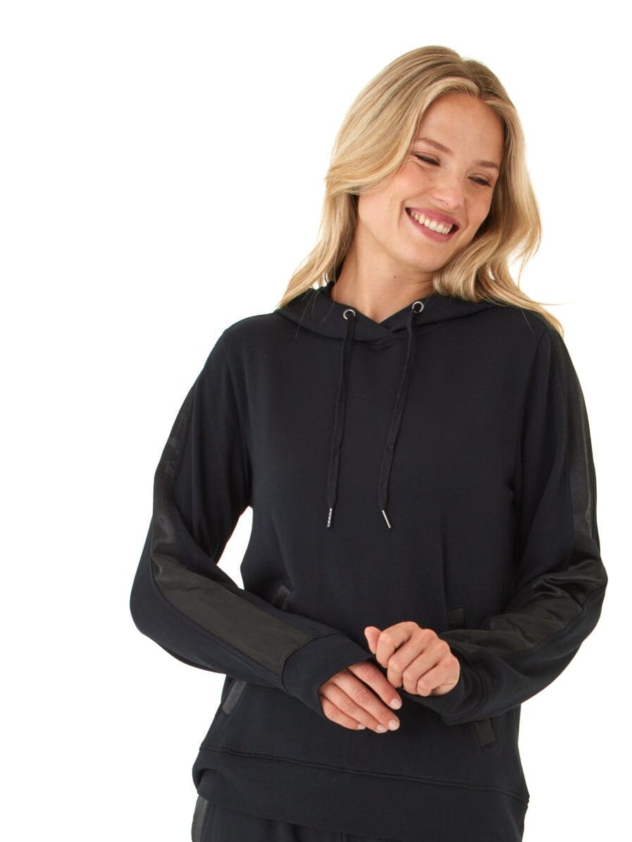 Romi Feather Fleece Trim Detail Hoodie in Black