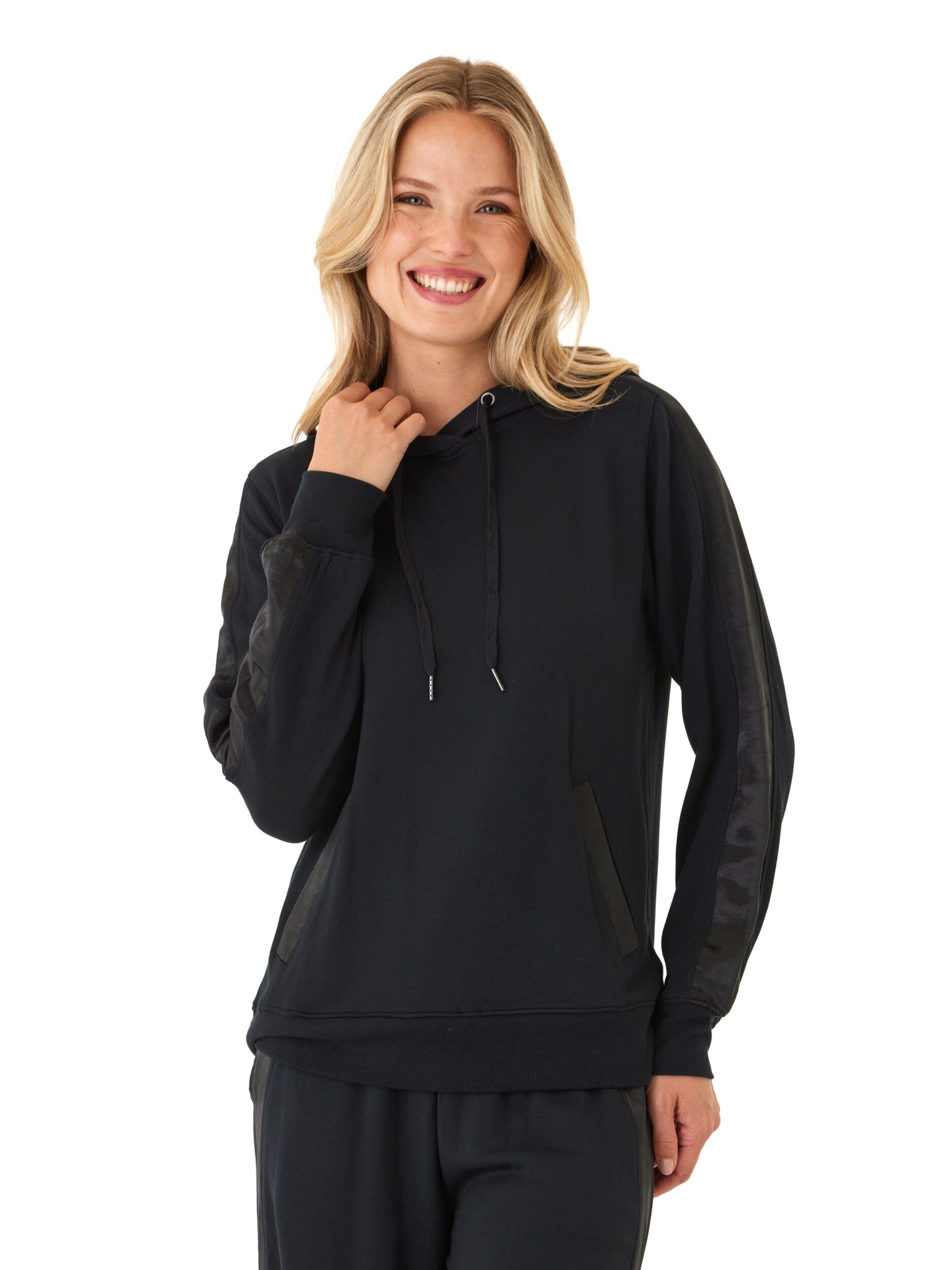 Romi Feather Fleece Trim Detail Hoodie in Black