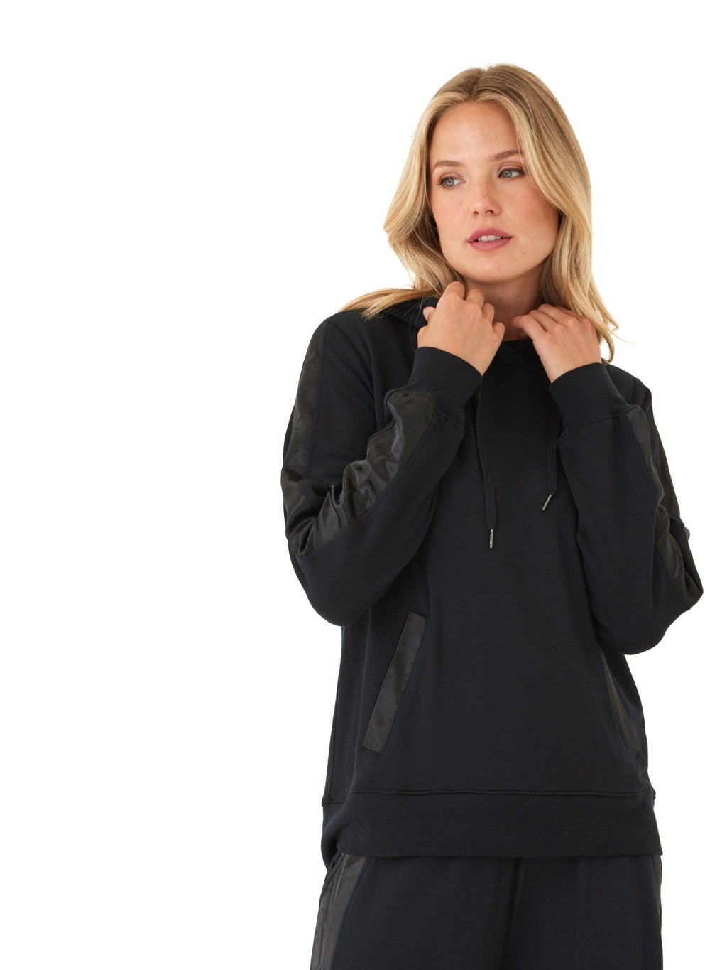 Romi black feather fleece hoodie with trim detailing.