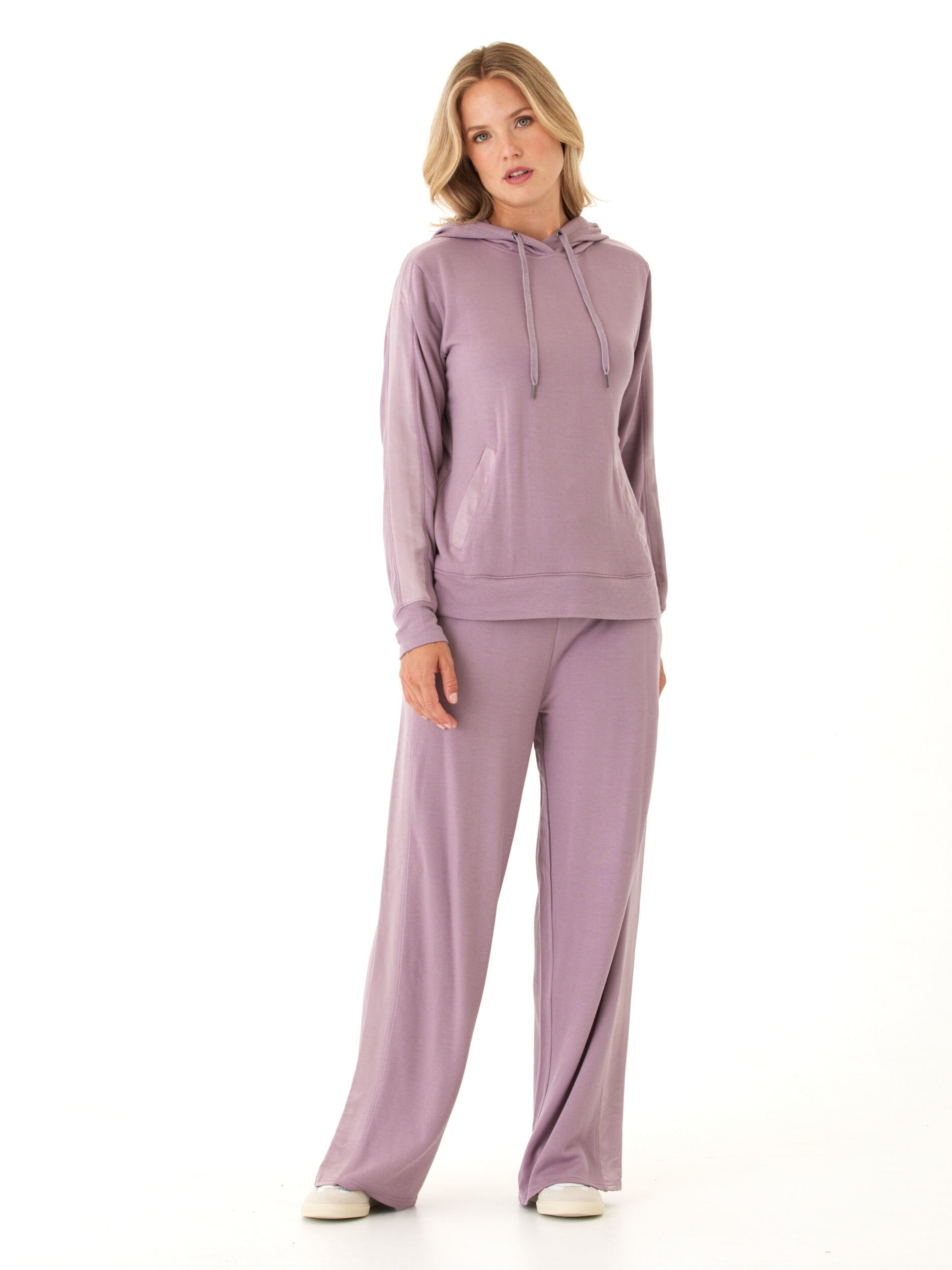 Feather Fleece Wide Leg Loungewear Pants with Satin Trim Detail