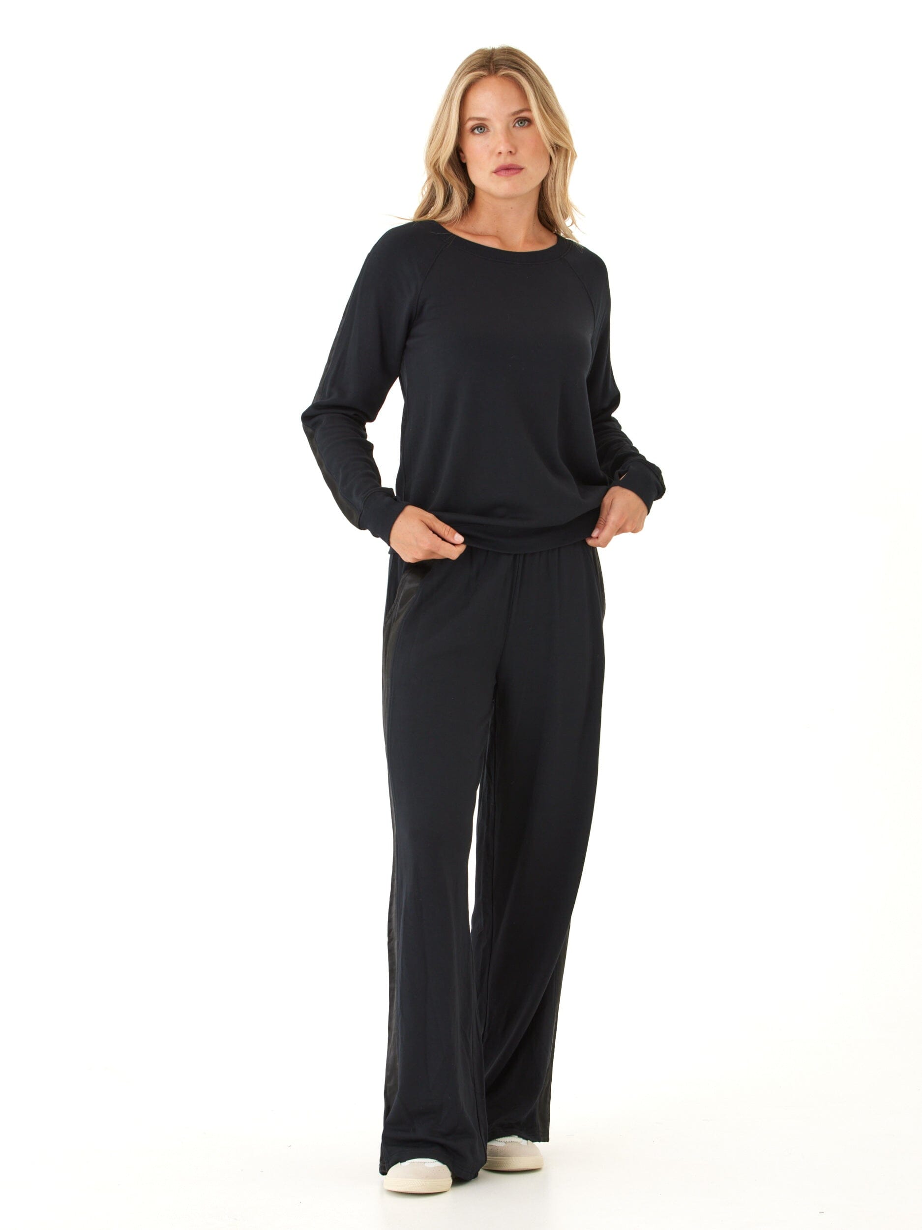Feather Fleece Raglan Pullover with Satin Trim and Thumb Holes