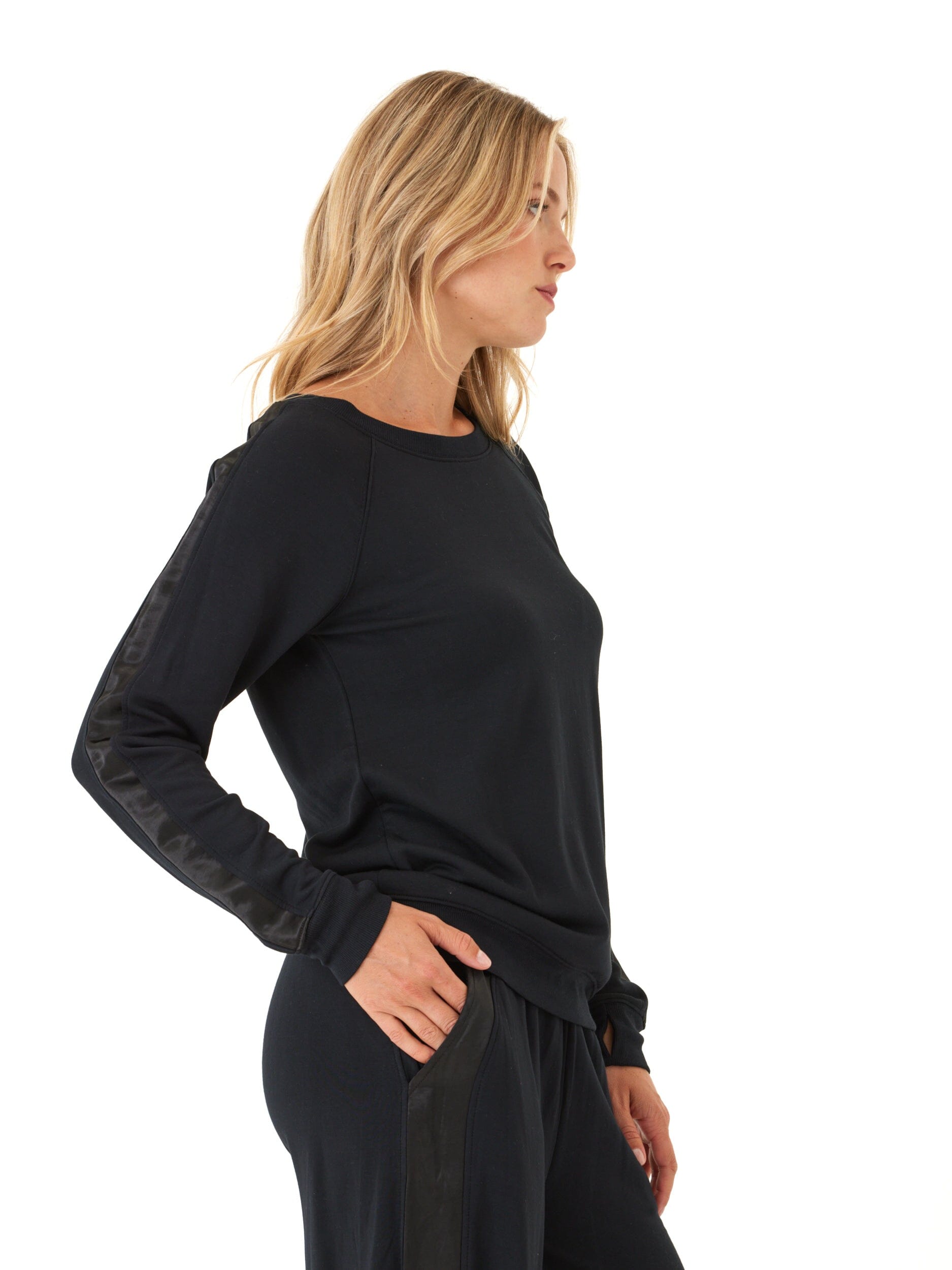 Feather Fleece Raglan Pullover with Satin Trim and Thumb Holes