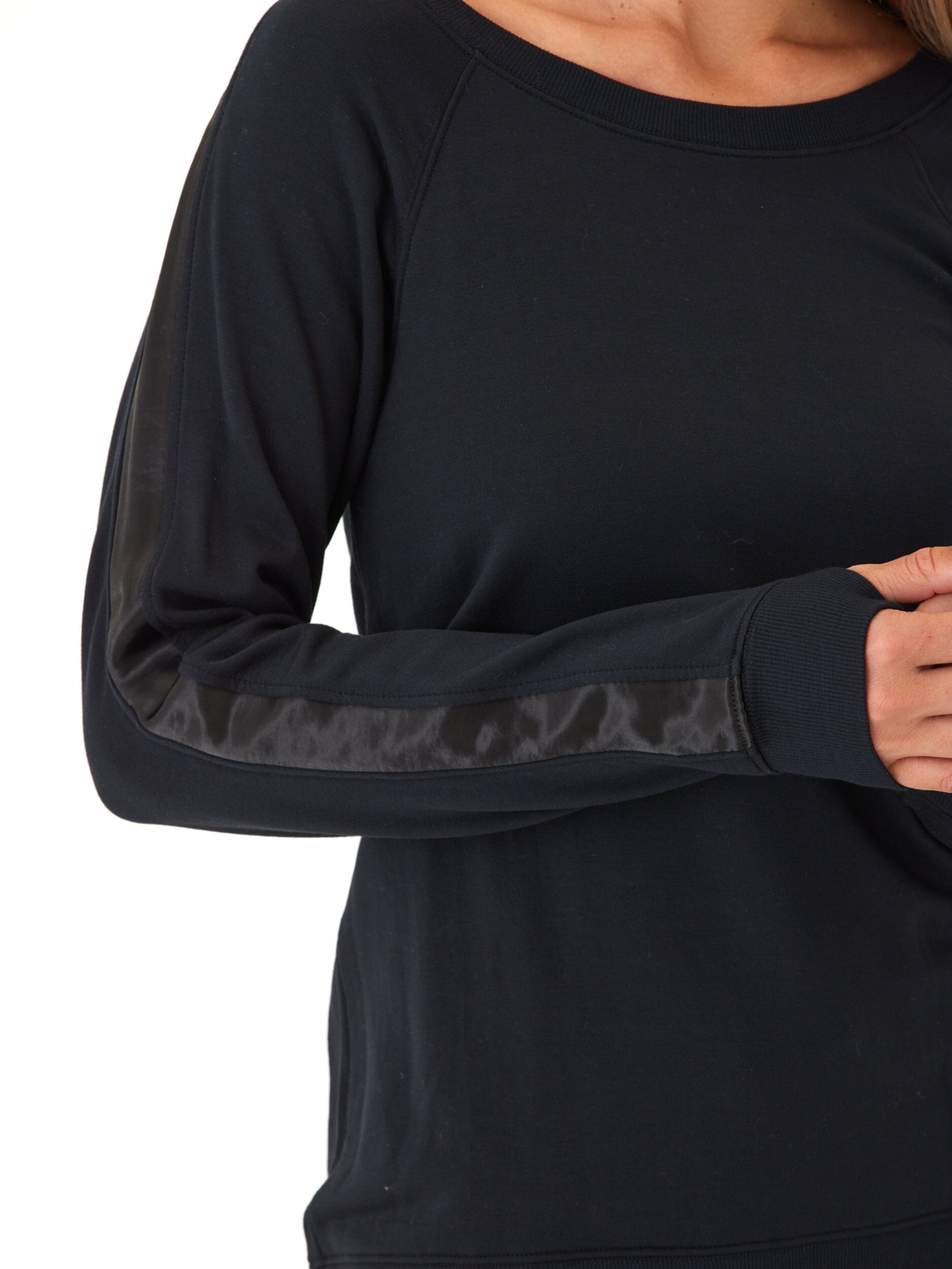 Feather Fleece Raglan Pullover with Satin Trim and Thumb Holes