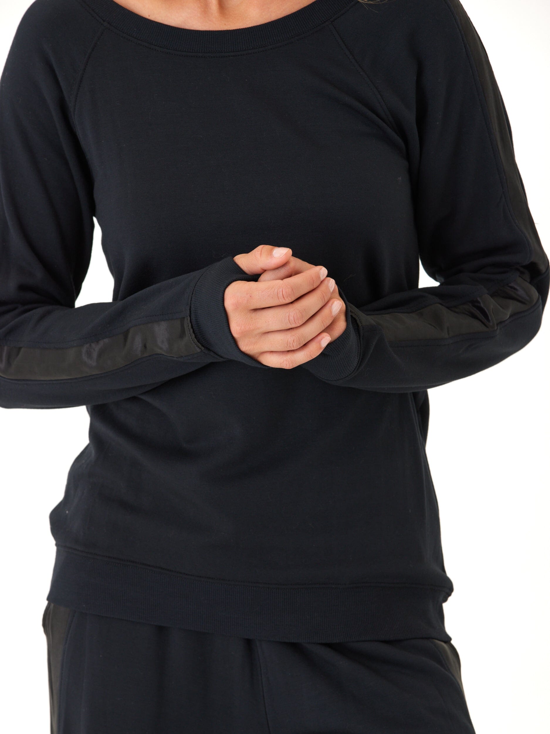 Feather Fleece Raglan Pullover with Satin Trim and Thumb Holes