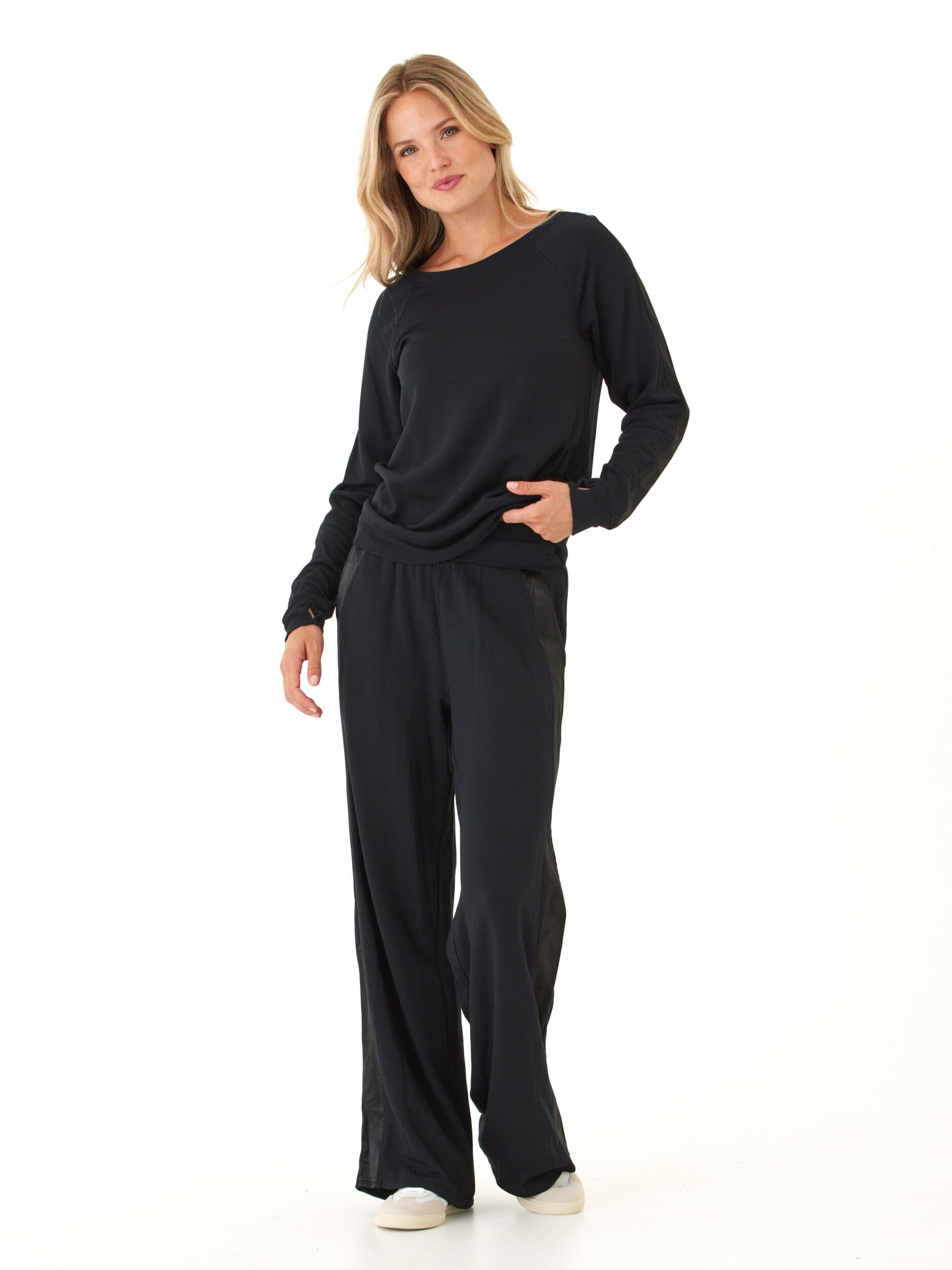Feather Fleece Raglan Pullover with Satin Trim and Thumb Holes