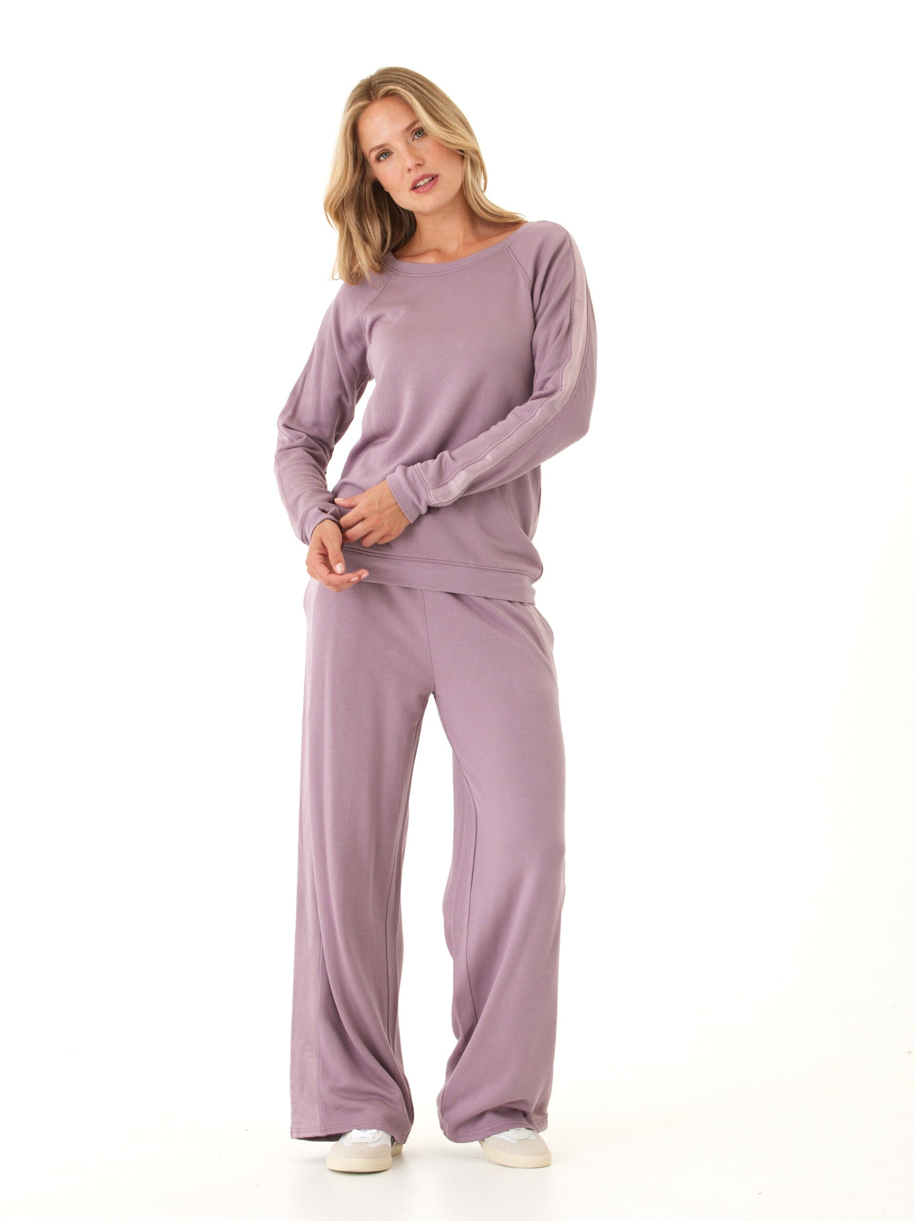 Priscilla Feather Fleece Satin Trim Raglan Crewneck Pullover
