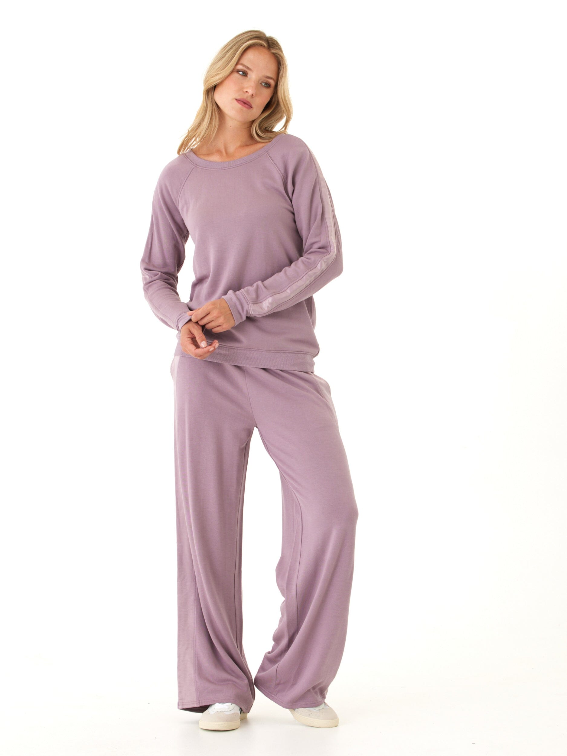 Priscilla Feather Fleece Satin Trim Raglan Crewneck Pullover