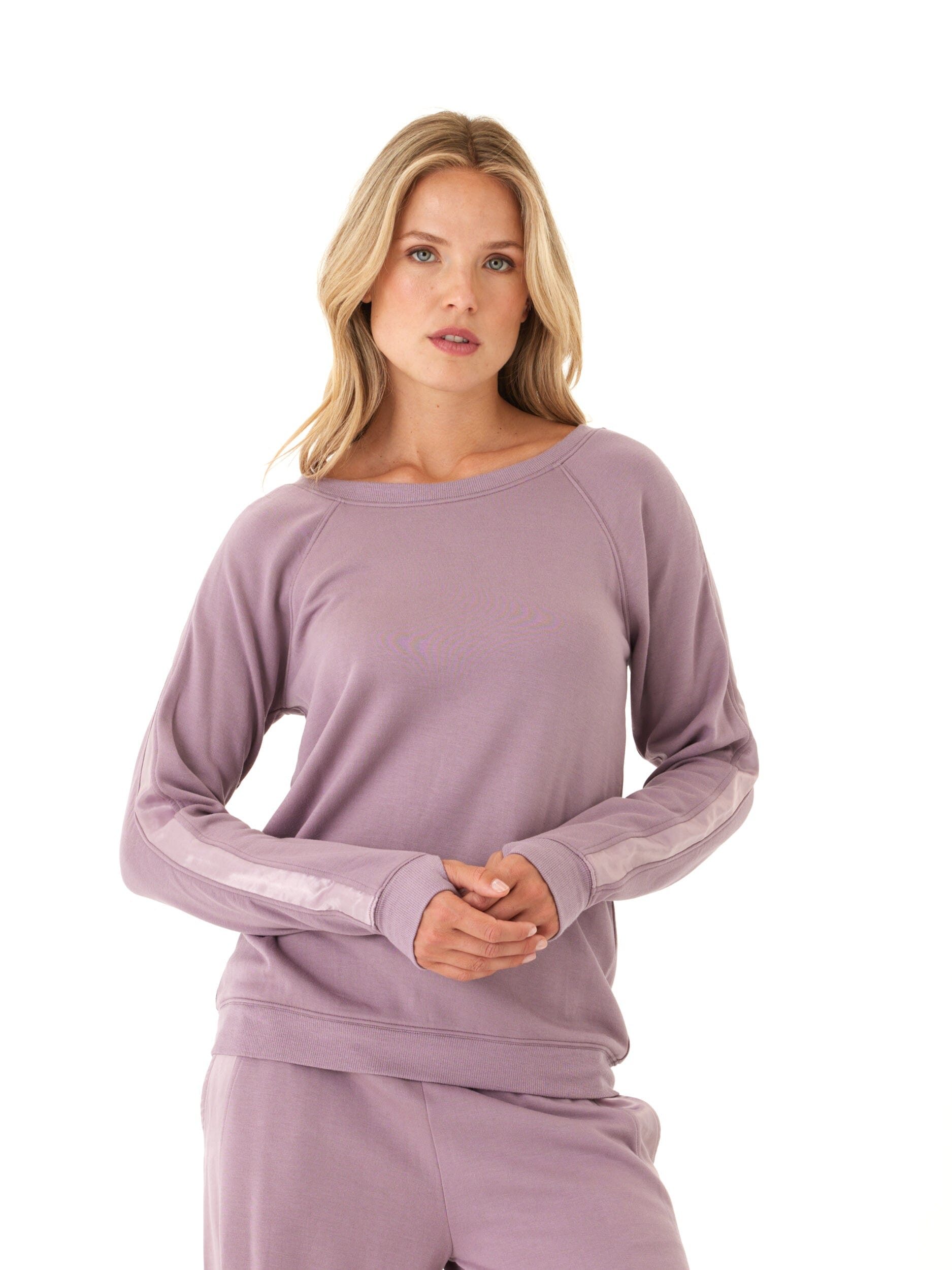 Priscilla Feather Fleece Pullover featuring a crew neckline, raglan sleeves, and delicate satin trim detail.