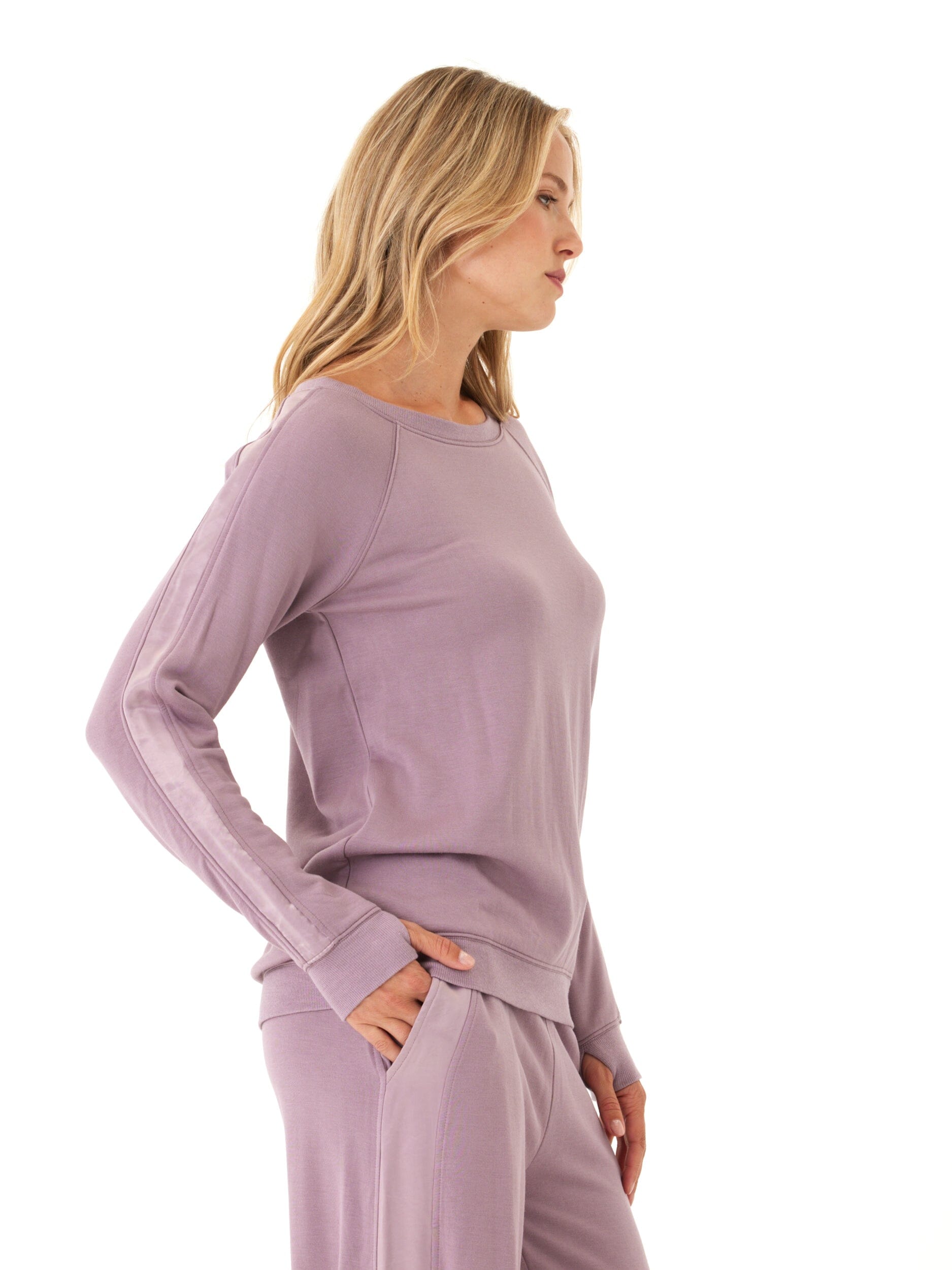Priscilla Feather Fleece Satin Trim Raglan Crewneck Pullover
