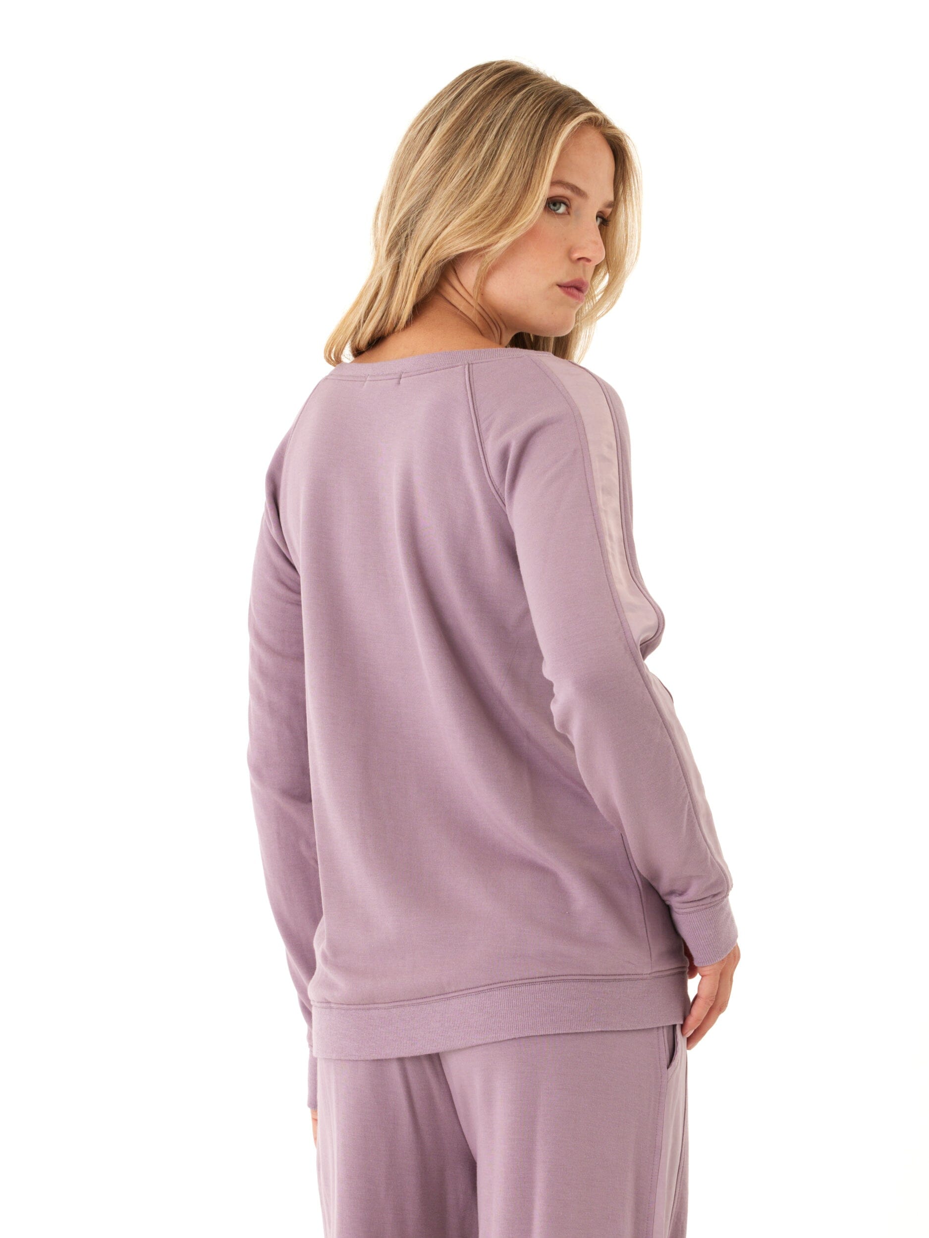 Priscilla Feather Fleece Satin Trim Raglan Crewneck Pullover