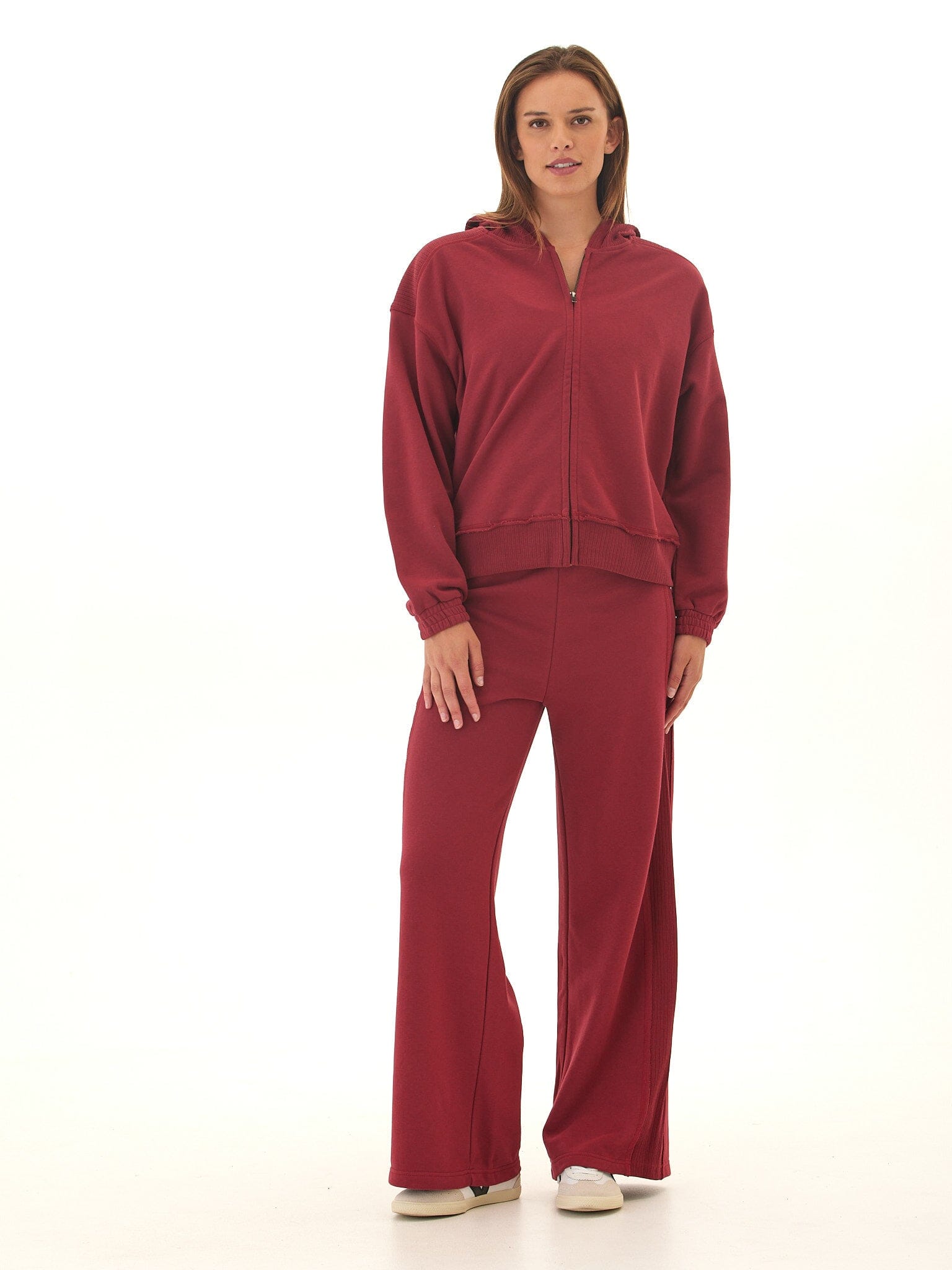 Starla French Terry Rib Mix Zip Hoodie in Burgundy and Maroon