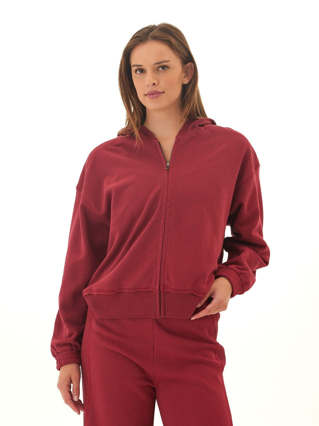 Full-zip hoodie in maroon French Terry knit with ribbed cuffs and a relaxed, dropped-shoulder fit.