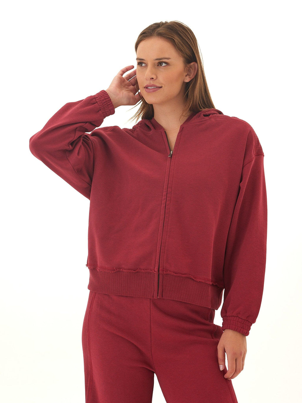 Starla French Terry Rib Mix Zip Hoodie in Burgundy and Maroon