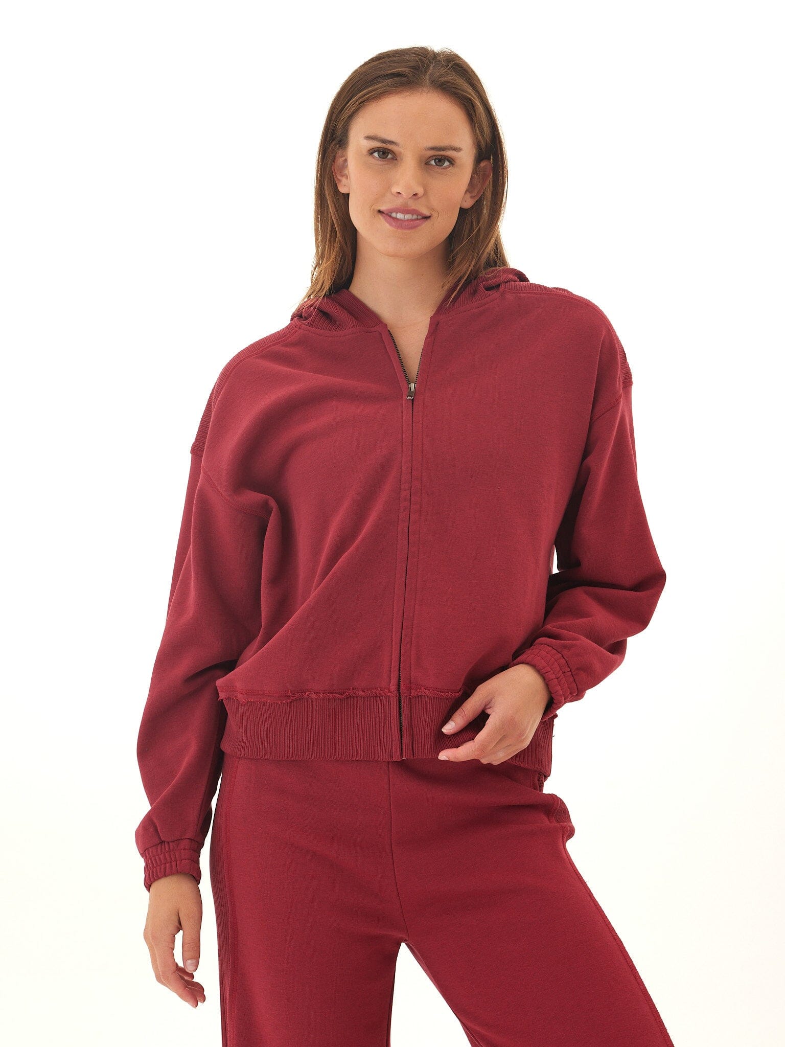 Starla French Terry Rib Mix Zip Hoodie in Burgundy and Maroon