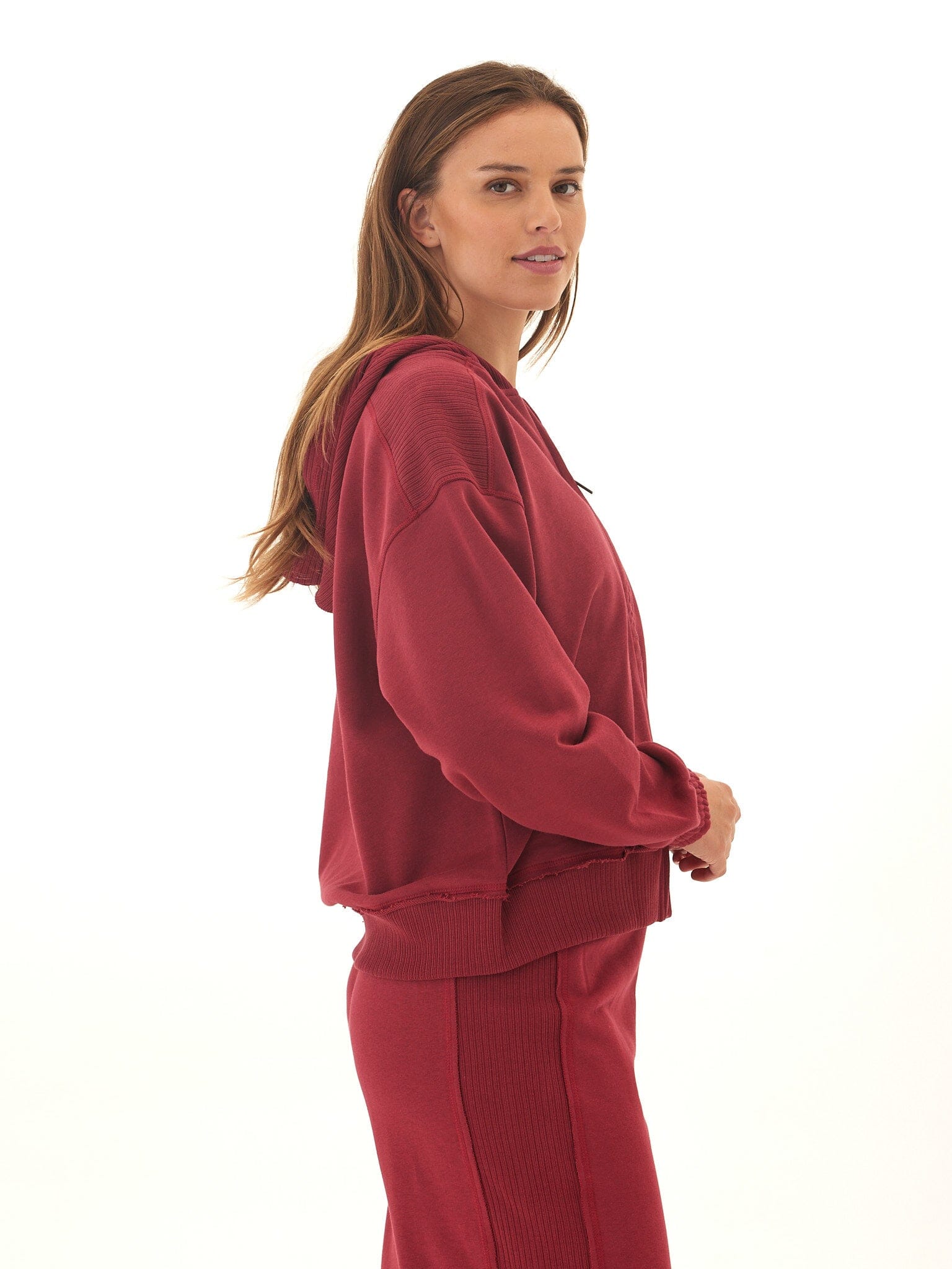 Starla French Terry Rib Mix Zip Hoodie in Burgundy and Maroon