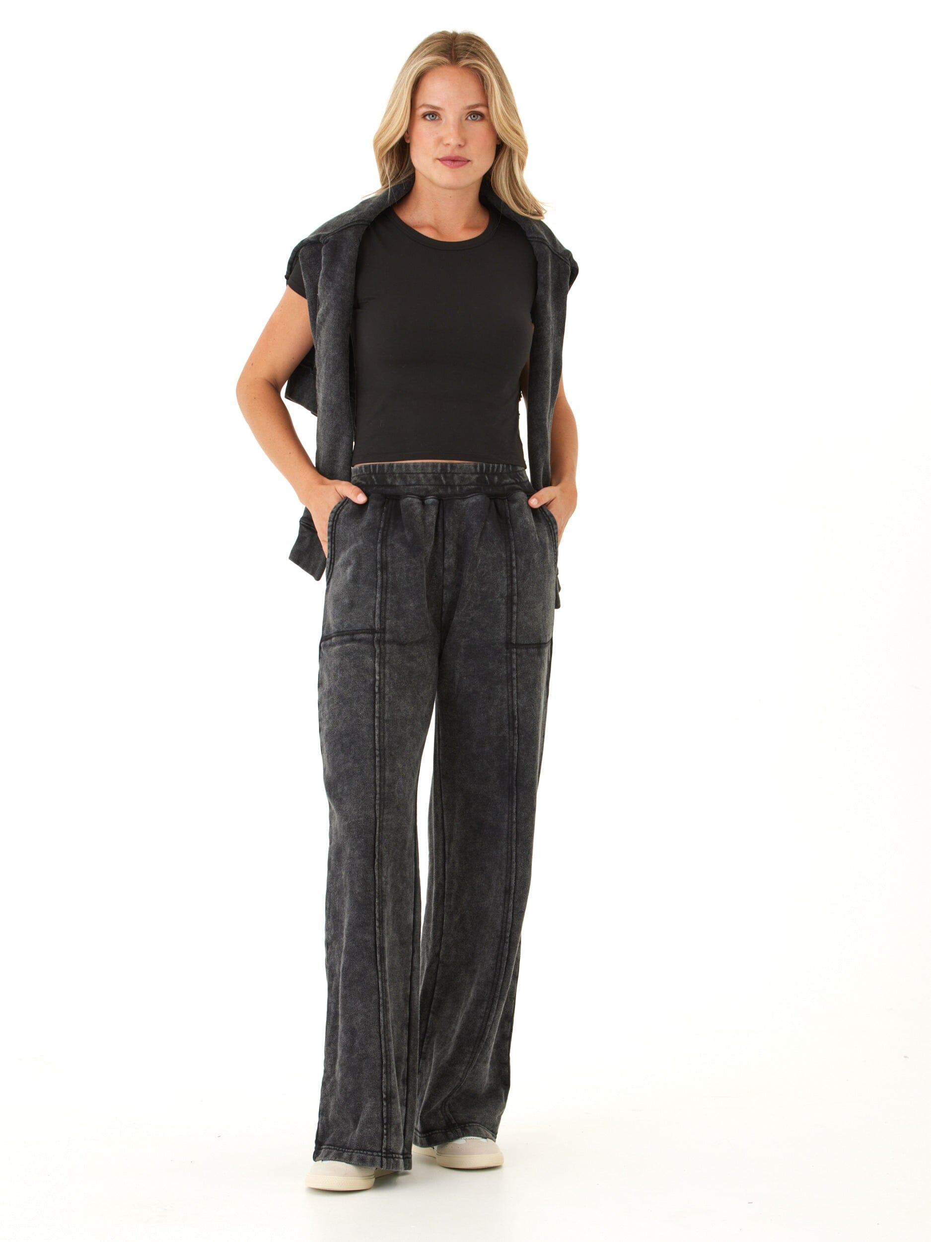 Hester Mineral Wash Wide Leg Terry Pants High Rise Relaxed Fit